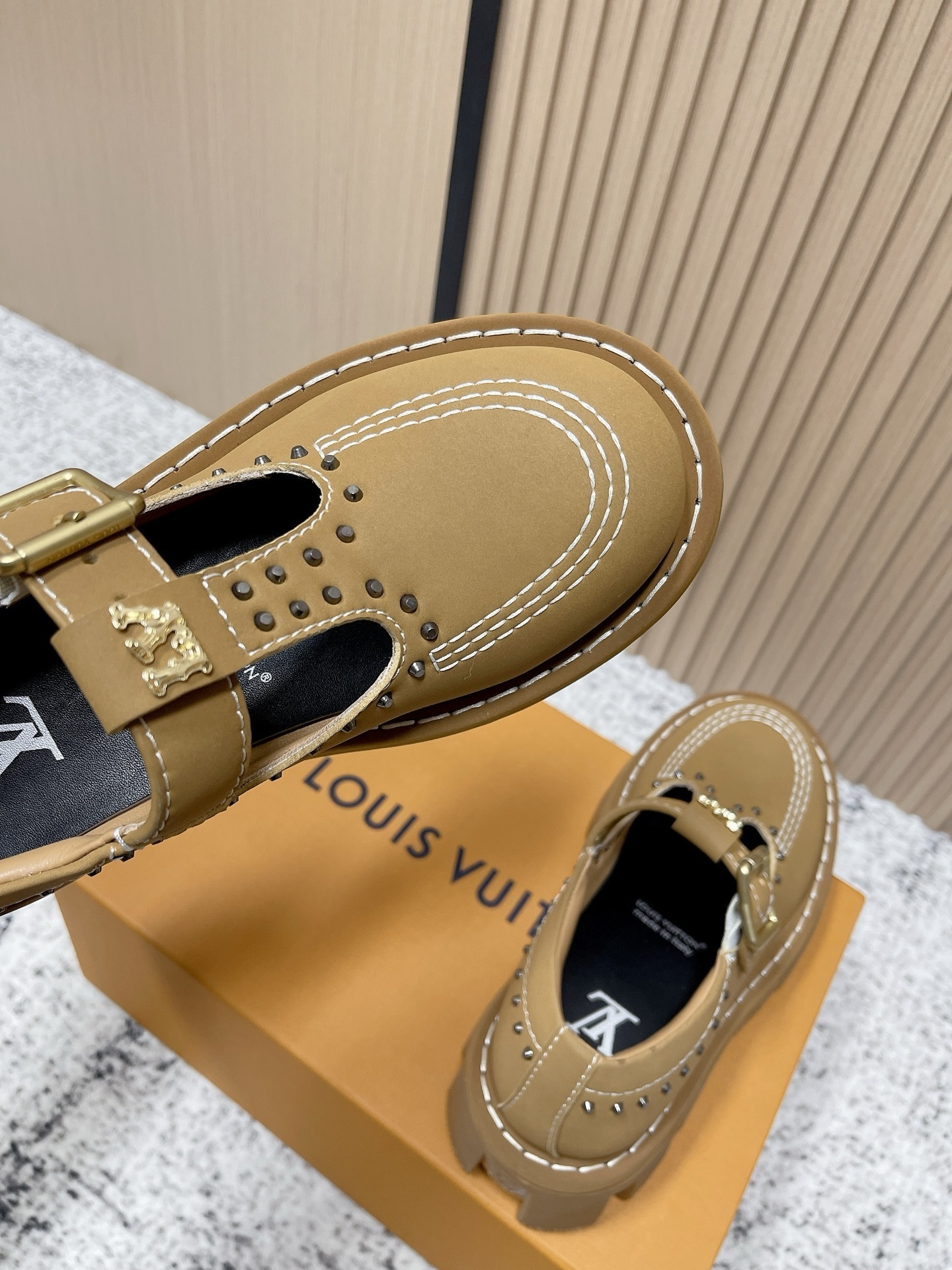 Louis Vuitton Tan Leather Studded T-Strap Loafers with Lug Sole