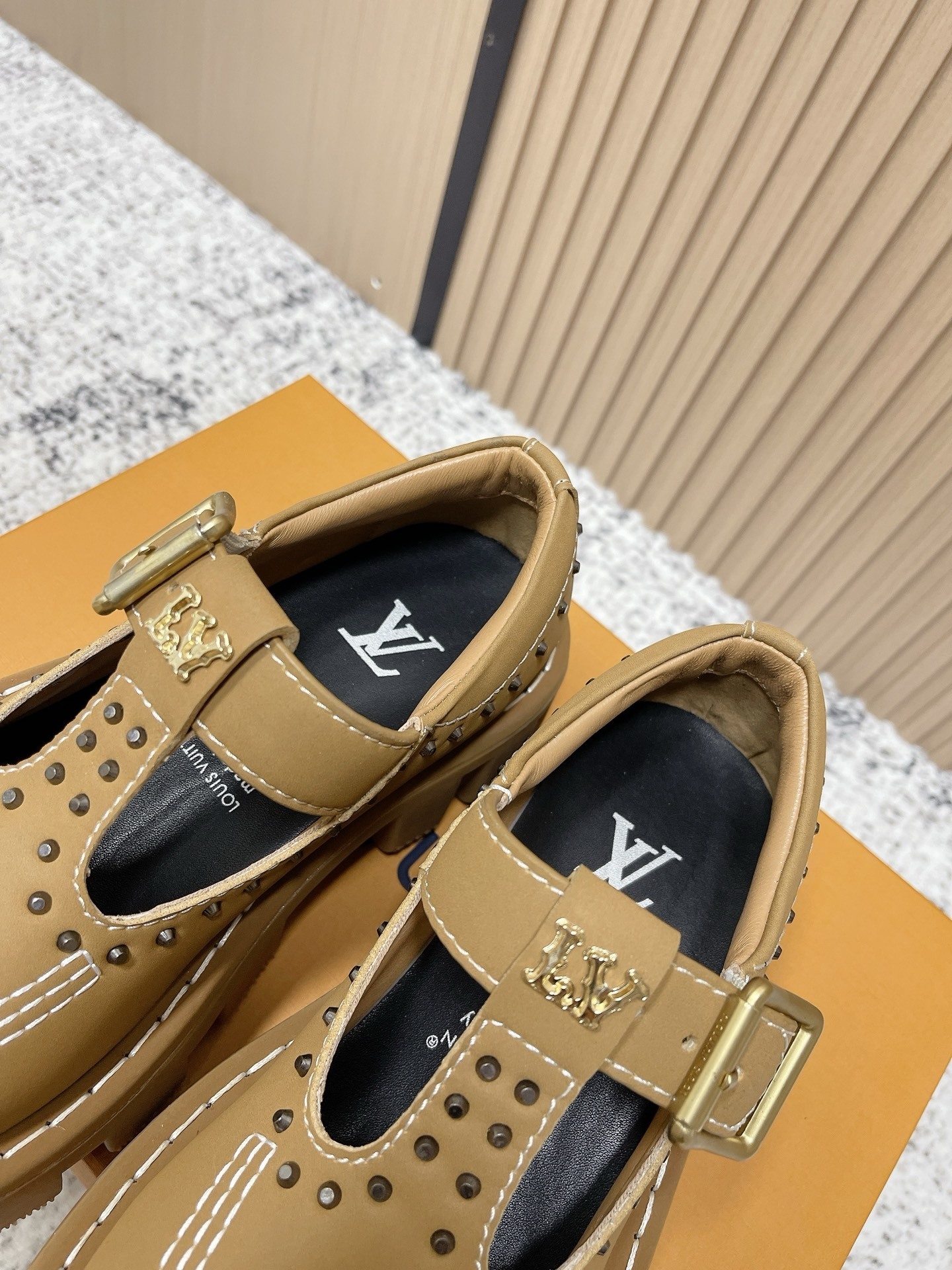 Louis Vuitton Tan Leather Studded T-Strap Loafers with Lug Sole