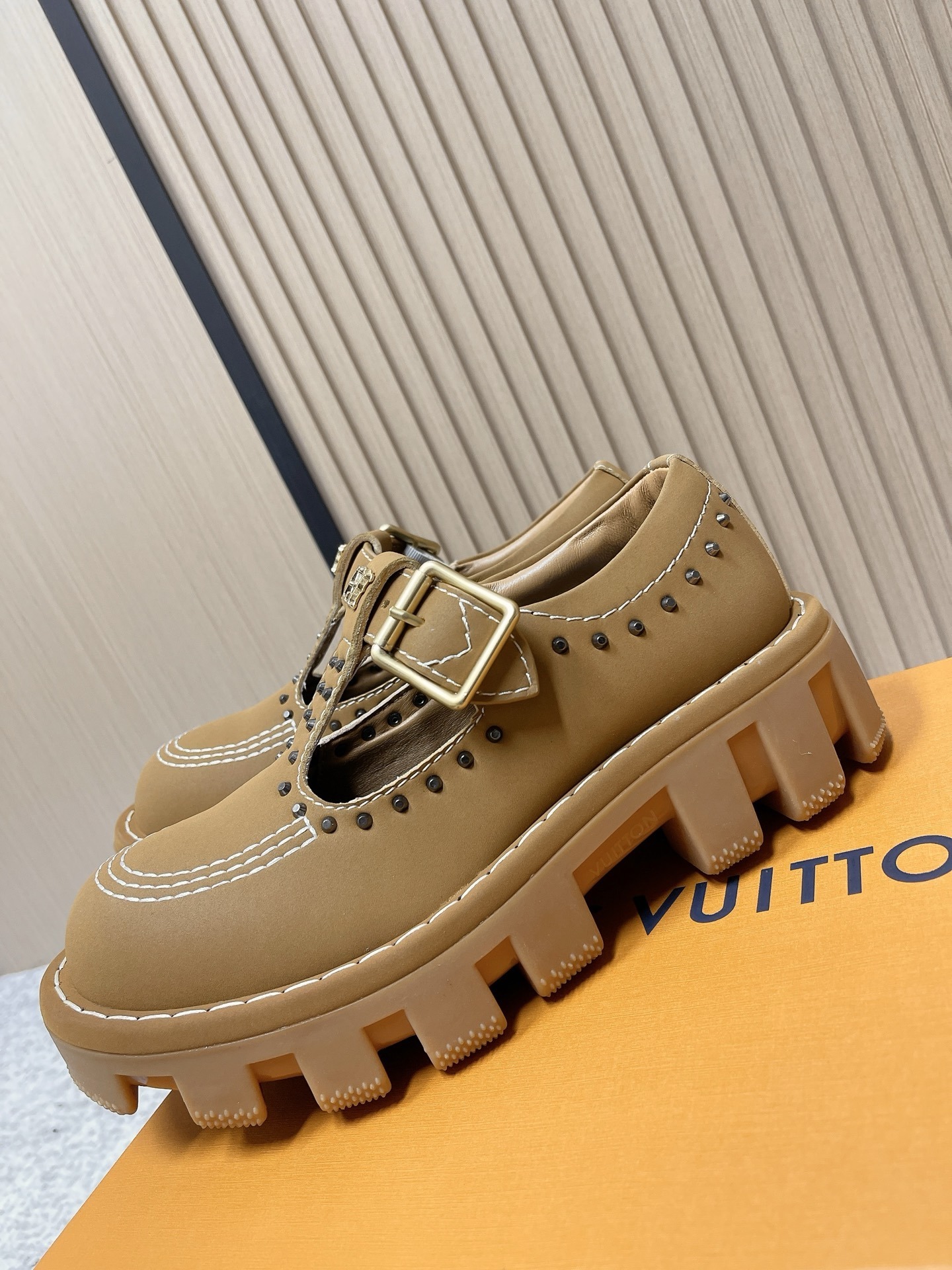 Louis Vuitton Tan Leather Studded T-Strap Loafers with Lug Sole