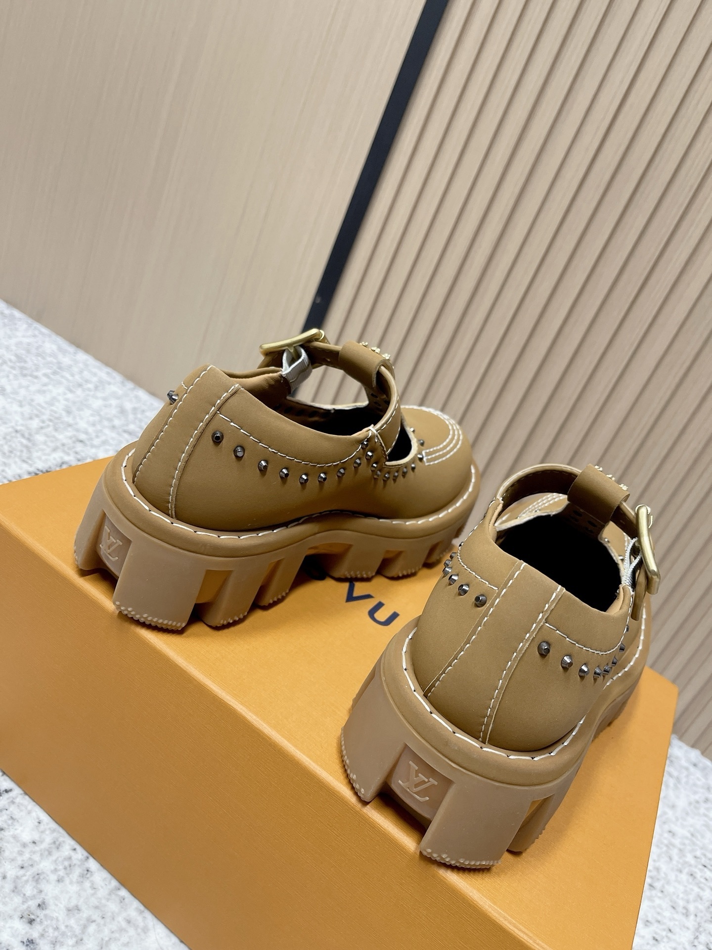 Louis Vuitton Tan Leather Studded T-Strap Loafers with Lug Sole