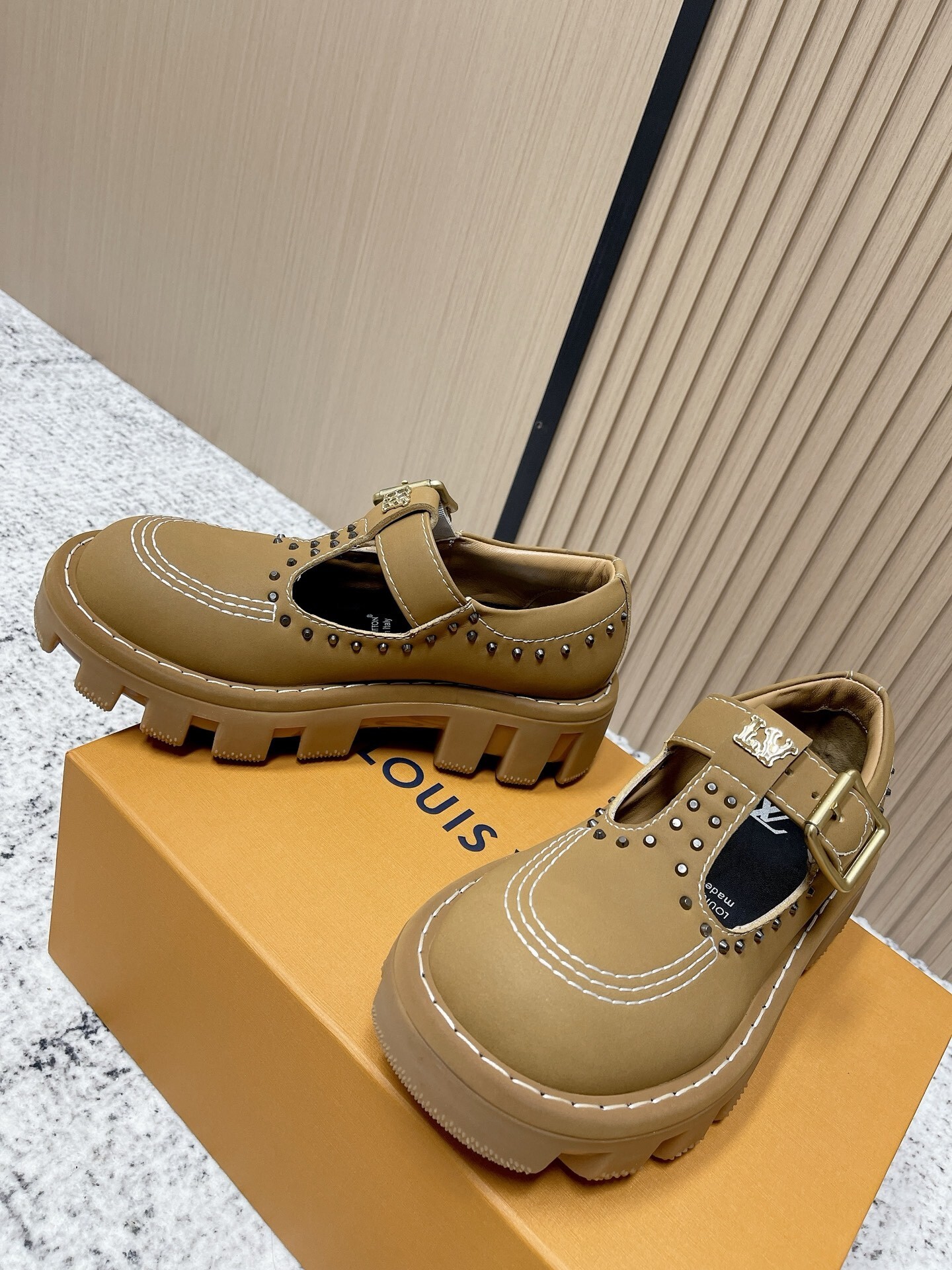 Louis Vuitton Tan Leather Studded T-Strap Loafers with Lug Sole
