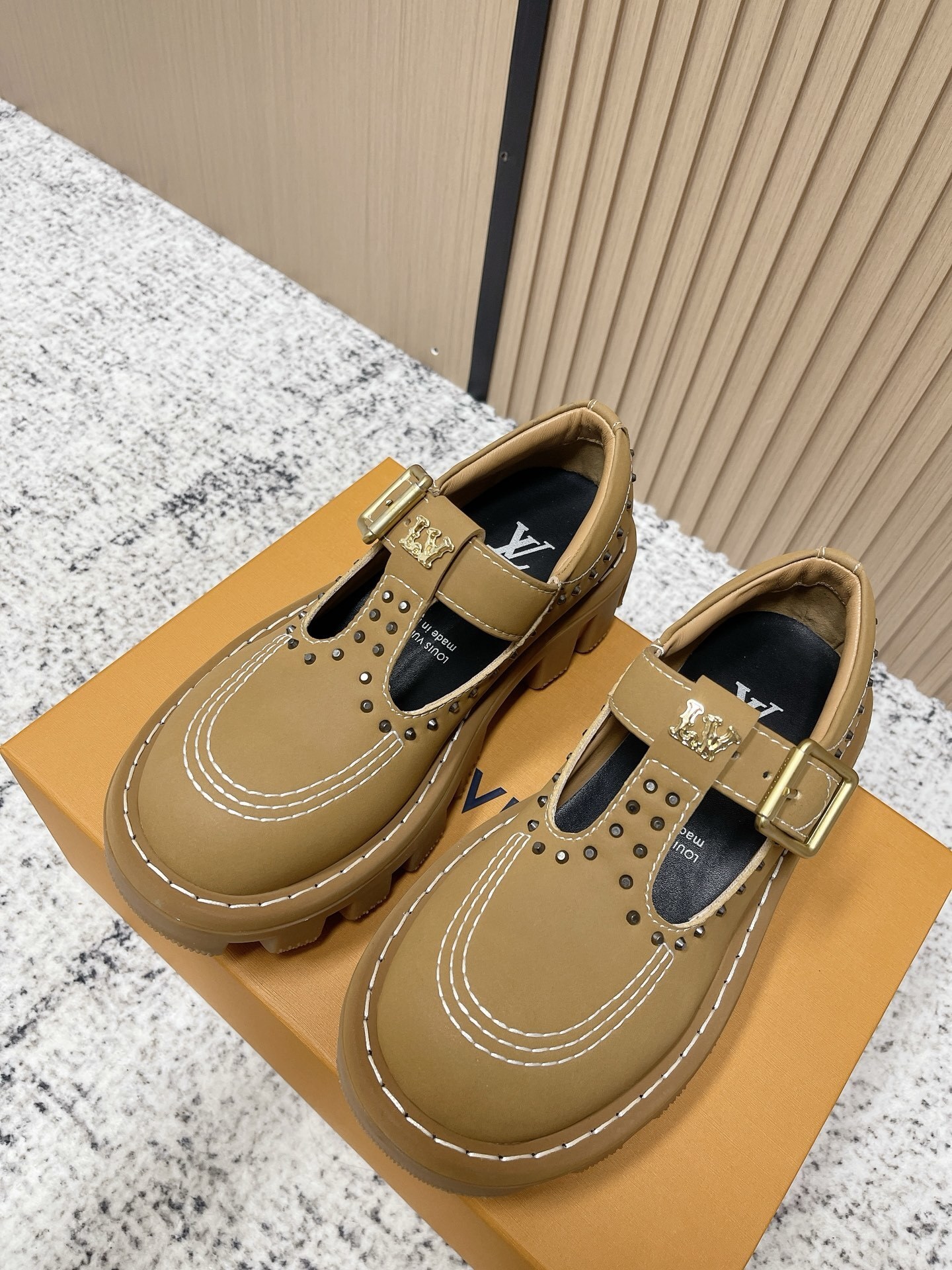 Louis Vuitton Tan Leather Studded T-Strap Loafers with Lug Sole