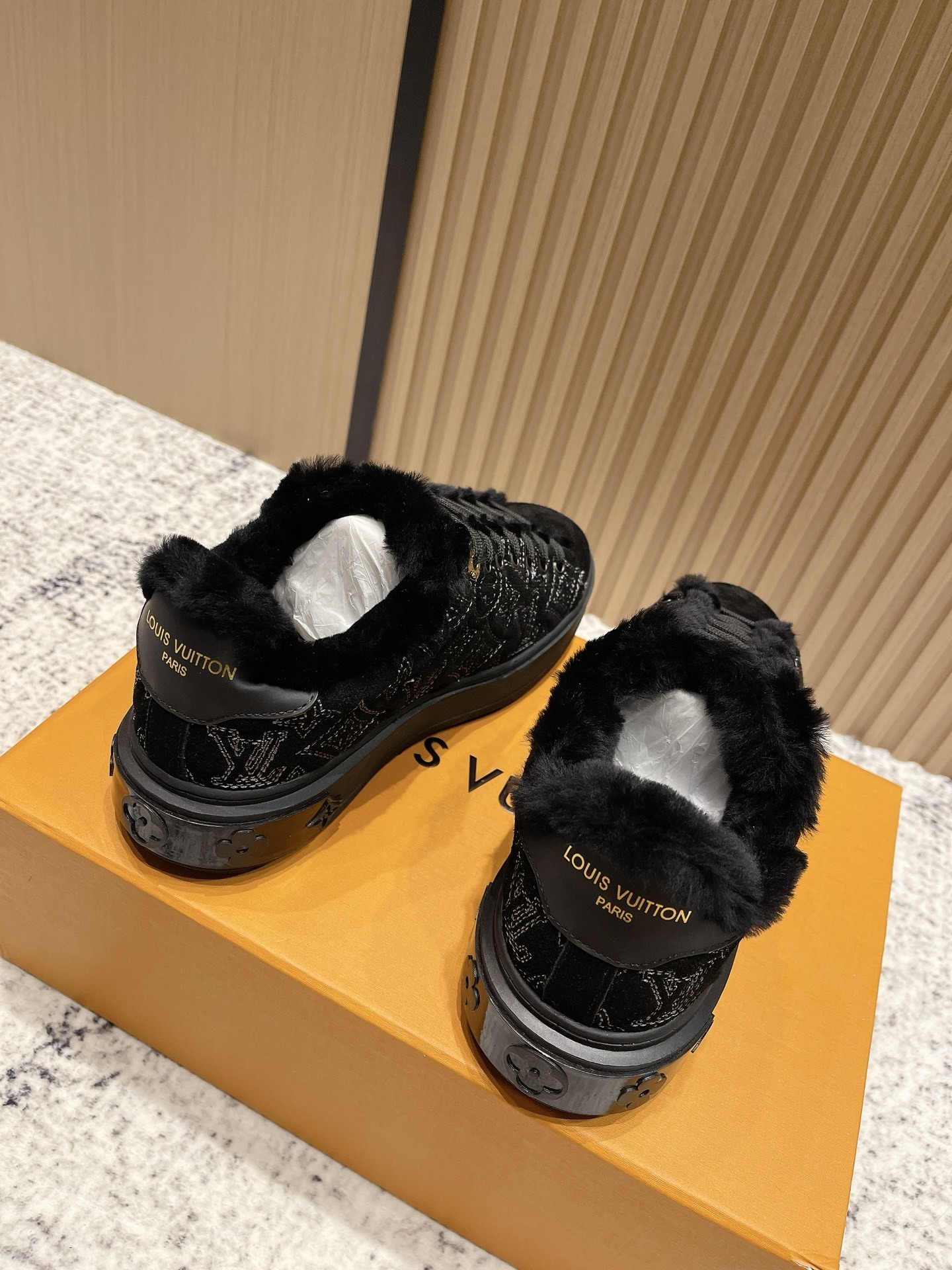 Louis Vuitton Black Monogram Fur-Lined Sneakers - Luxury Winter Shoes