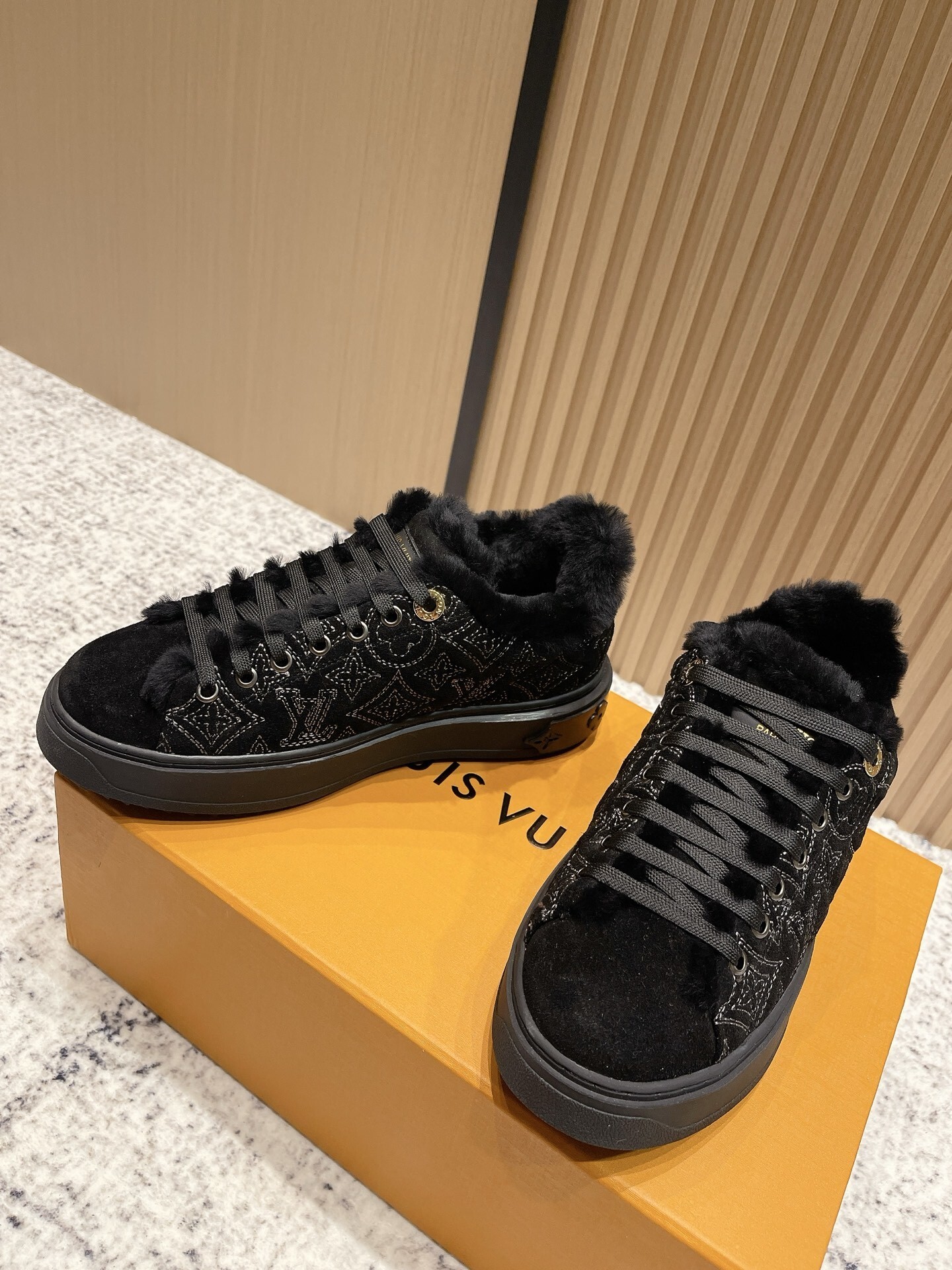 Louis Vuitton Black Monogram Fur-Lined Sneakers - Luxury Winter Shoes