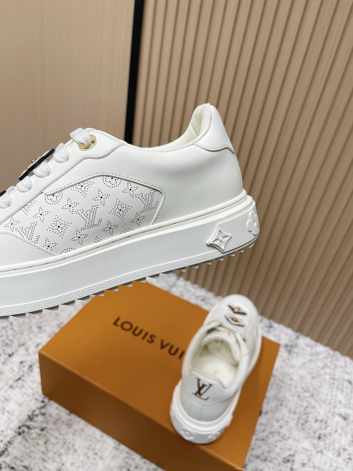 Luxury White Leather Sneakers with Monogram Floral Charms