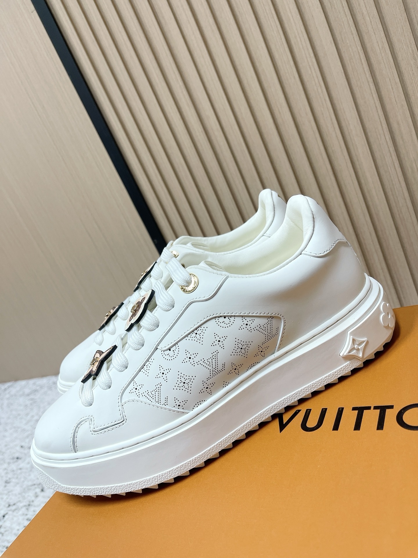 Luxury White Leather Sneakers with Monogram Floral Charms
