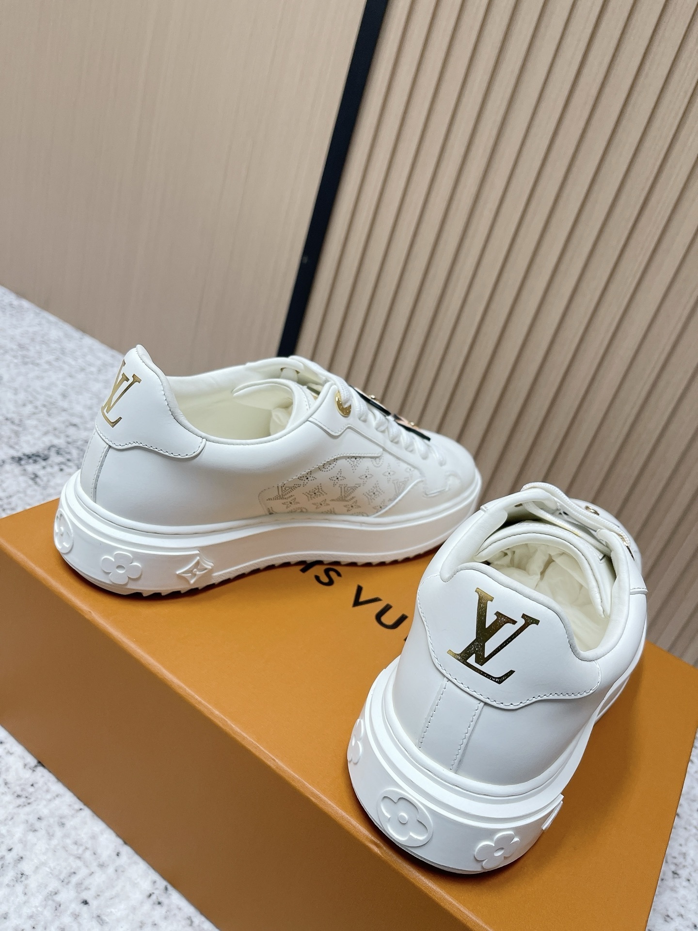 Luxury White Leather Sneakers with Monogram Floral Charms