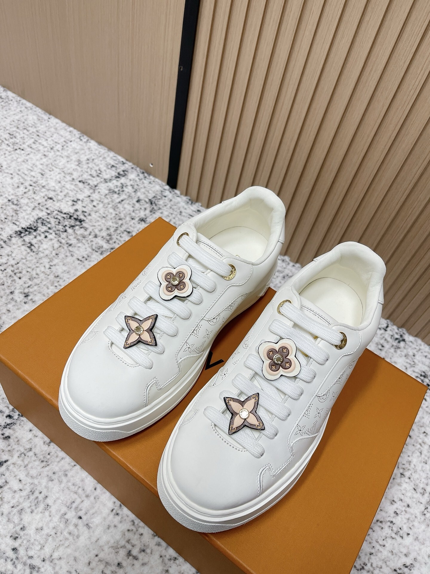 Luxury White Leather Sneakers with Monogram Floral Charms