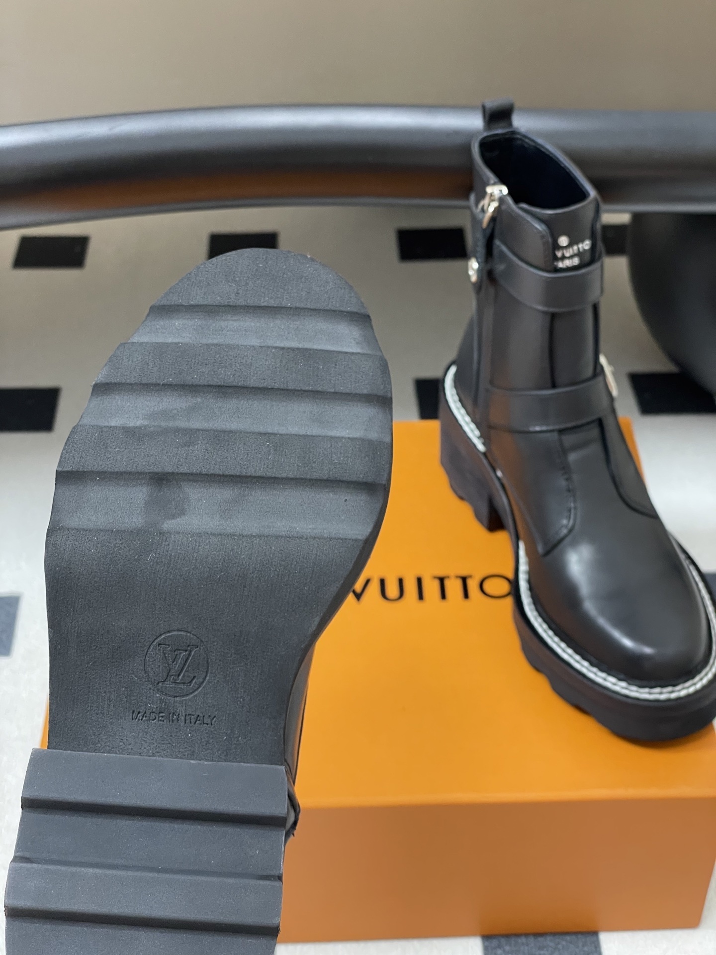 Louis Vuitton Women's Black Leather Double Buckle Platform Boots