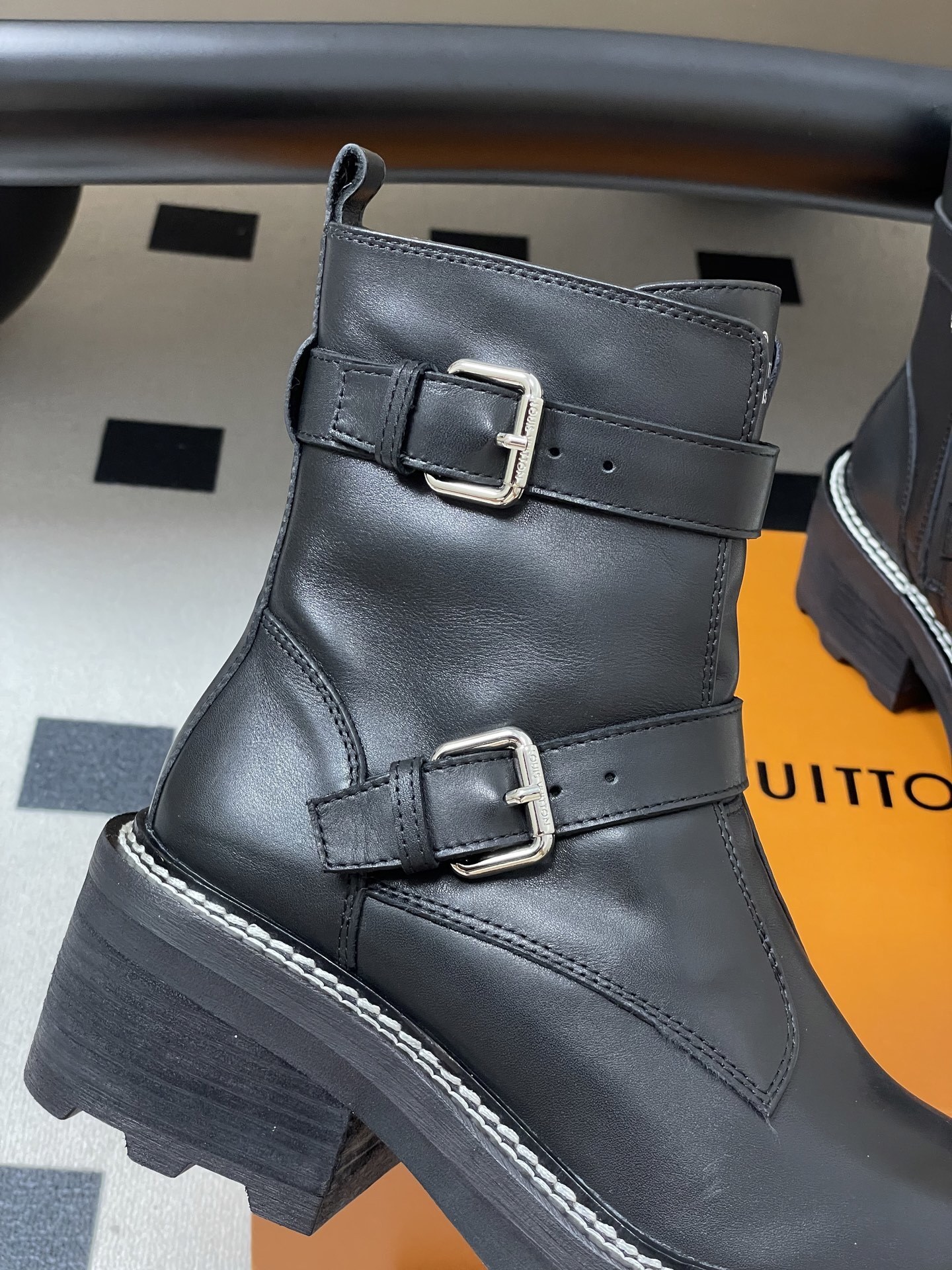 Louis Vuitton Women's Black Leather Double Buckle Platform Boots