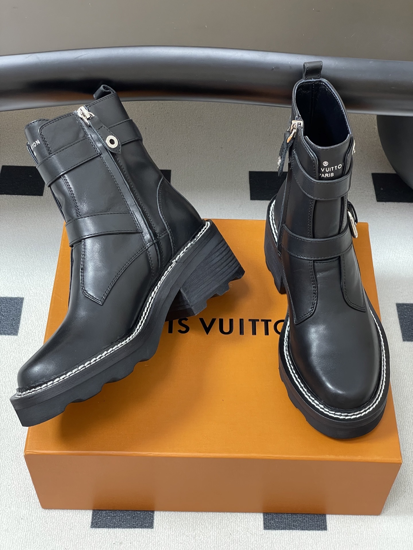 Louis Vuitton Women's Black Leather Double Buckle Platform Boots