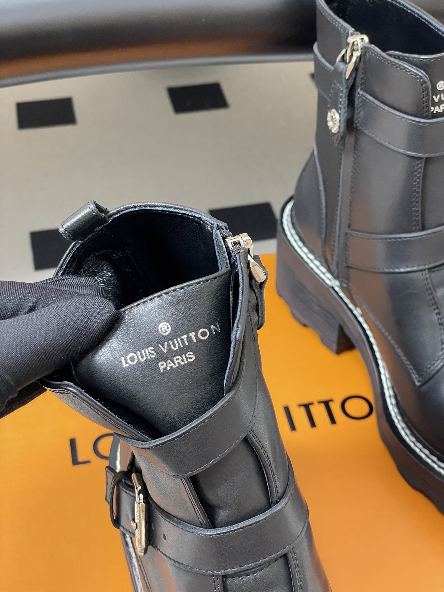 Louis Vuitton Women's Black Leather Double Buckle Platform Boots