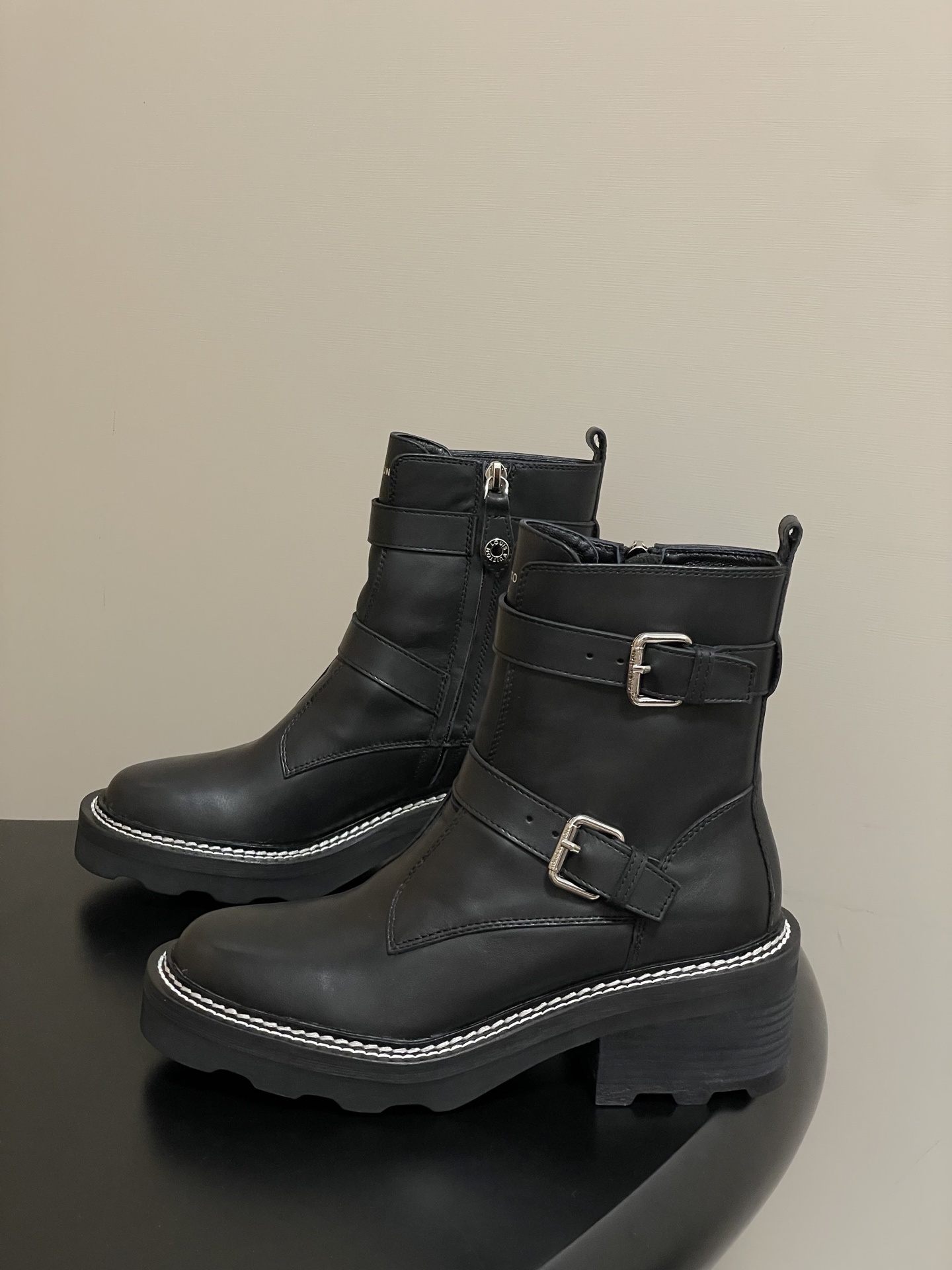 Louis Vuitton Women's Black Leather Double Buckle Platform Boots