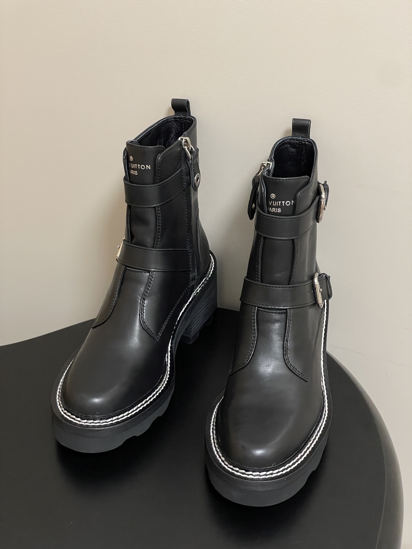 Louis Vuitton Women's Black Leather Double Buckle Platform Boots