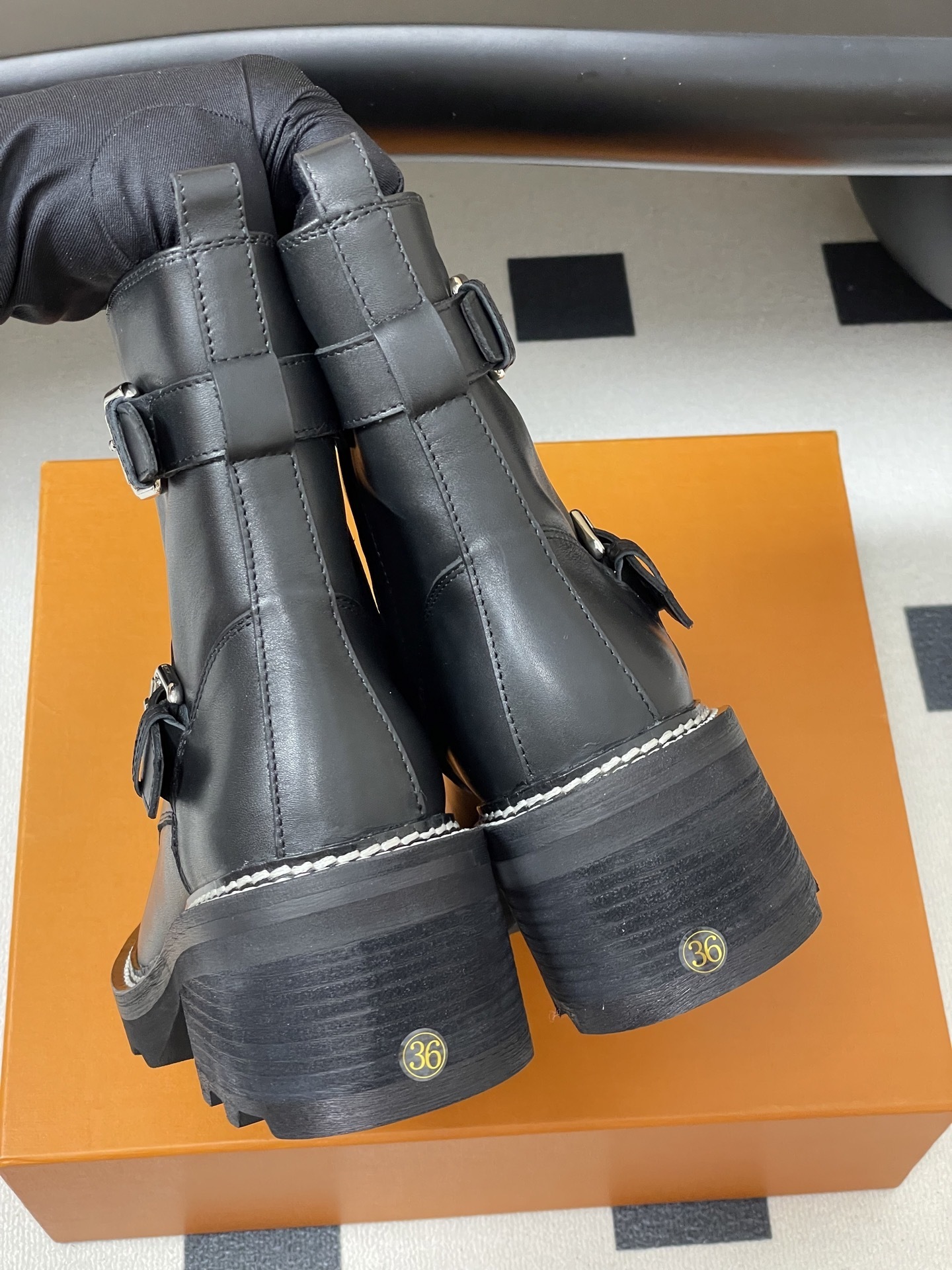 Louis Vuitton Women's Black Leather Double Buckle Platform Boots