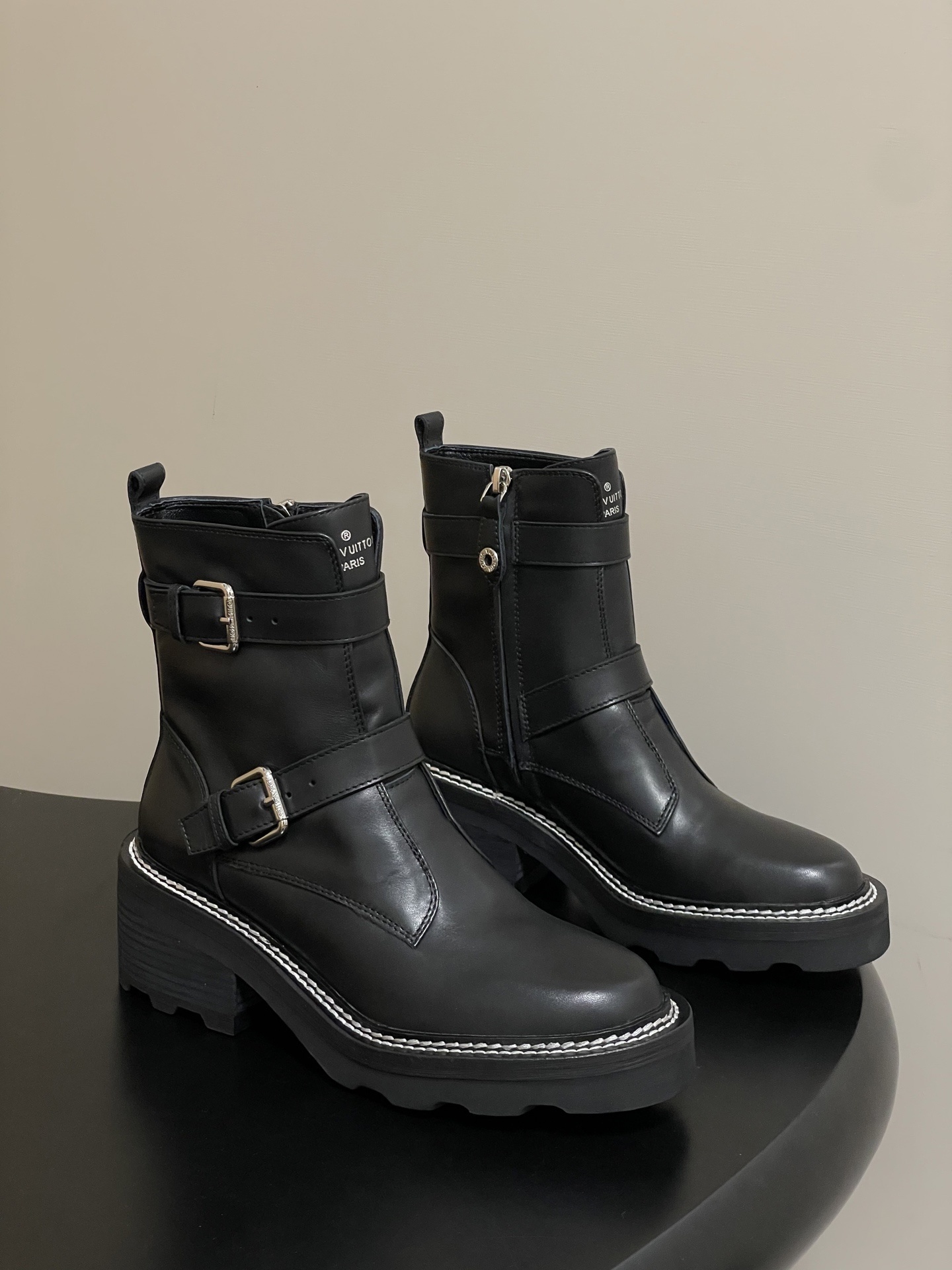 Louis Vuitton Women’s Black Leather Double Buckle Platform Boots
