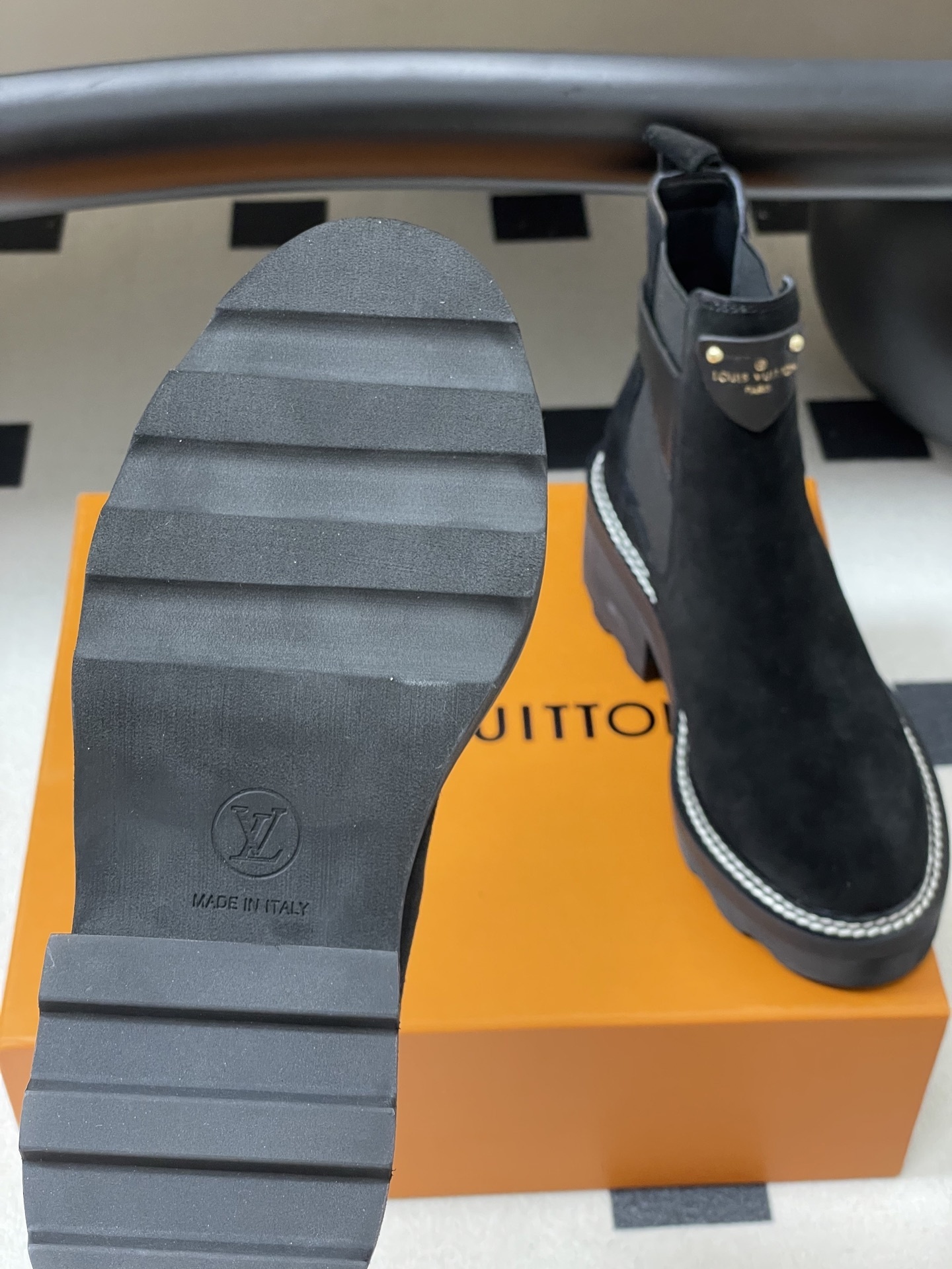 Louis Vuitton Black Suede Chelsea Ankle Boots with Lug Sole