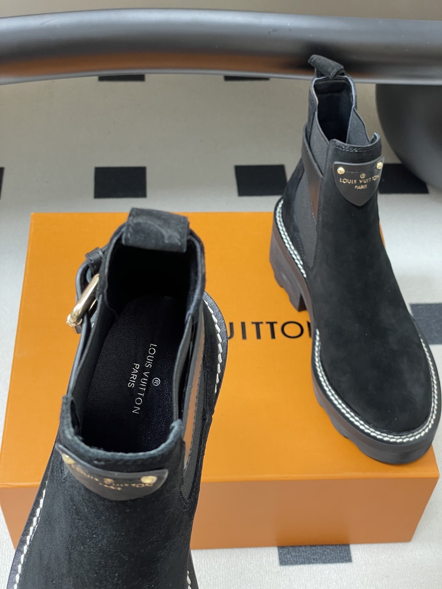 Louis Vuitton Black Suede Chelsea Ankle Boots with Lug Sole