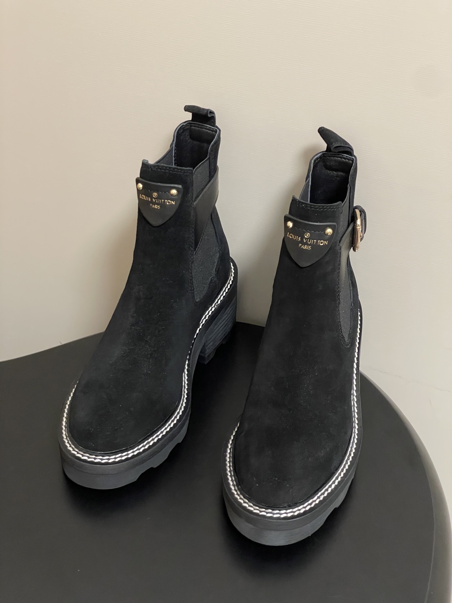 Louis Vuitton Black Suede Chelsea Ankle Boots with Lug Sole