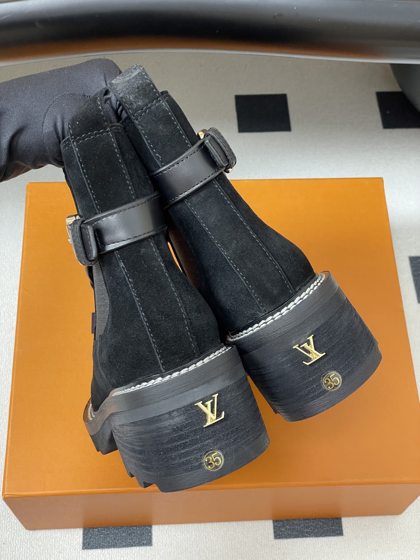 Louis Vuitton Black Suede Chelsea Ankle Boots with Lug Sole