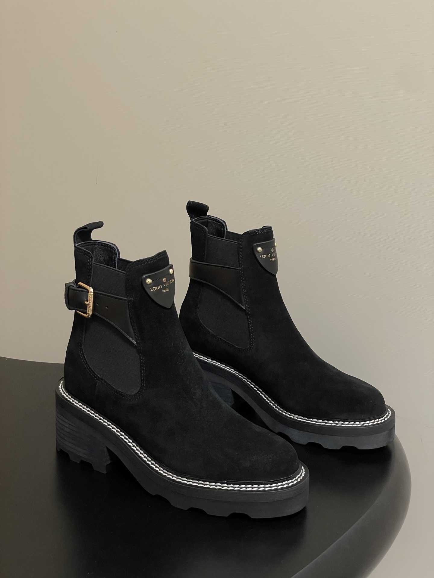 Louis Vuitton Black Suede Chelsea Ankle Boots with Lug Sole
