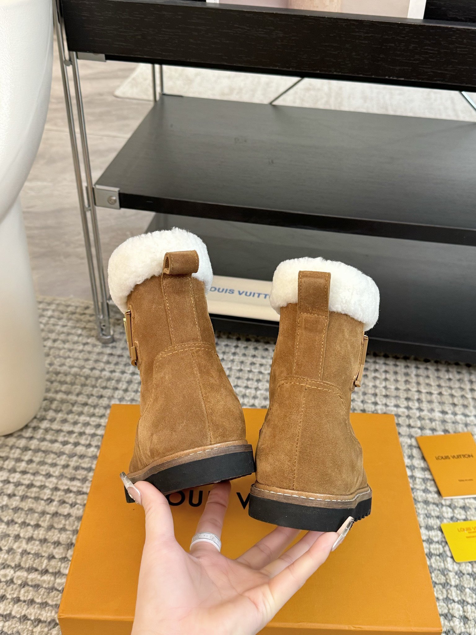 Louis Vuitton Tan Suede Shearling Winter Boots