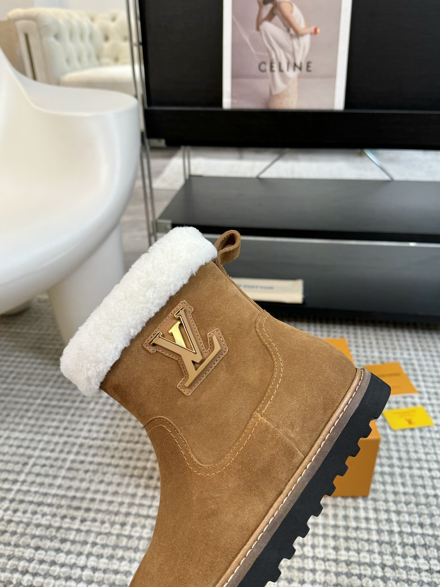 Louis Vuitton Tan Suede Shearling Winter Boots