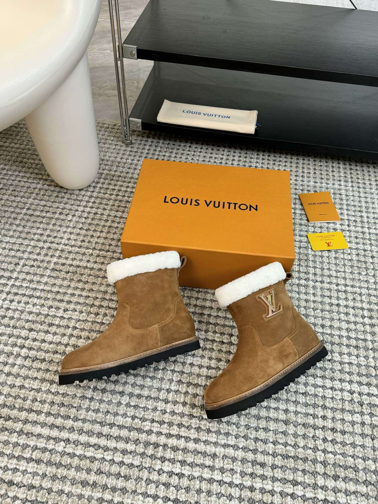 Louis Vuitton Tan Suede Shearling Winter Boots