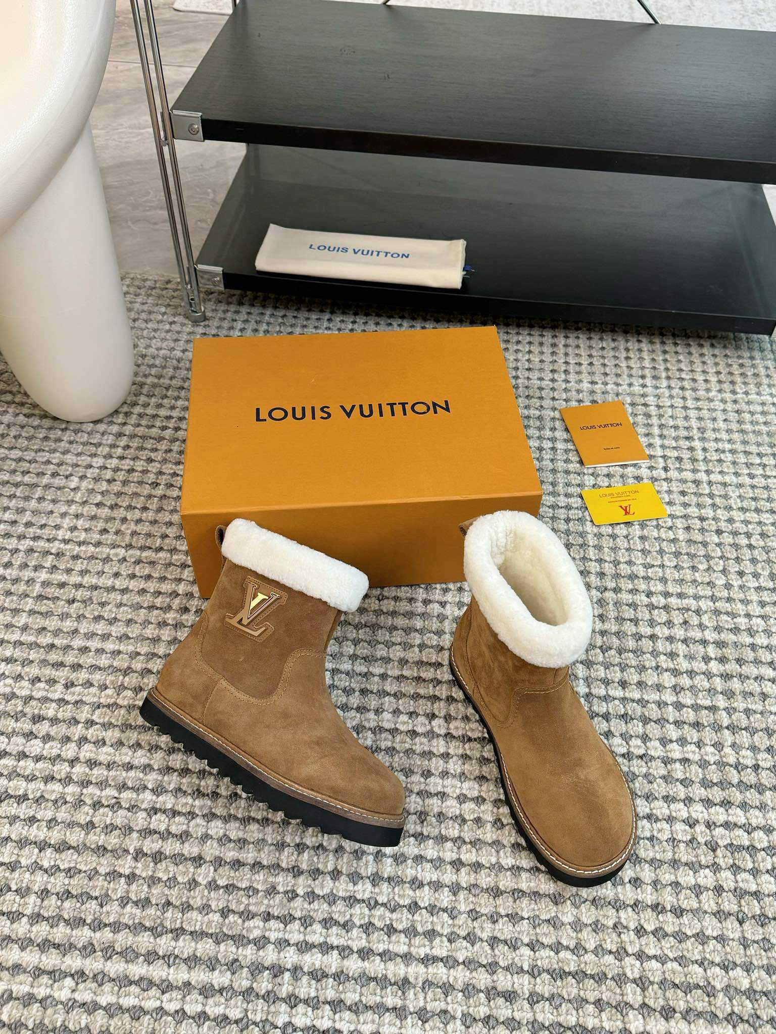 Louis Vuitton Tan Suede Shearling Winter Boots