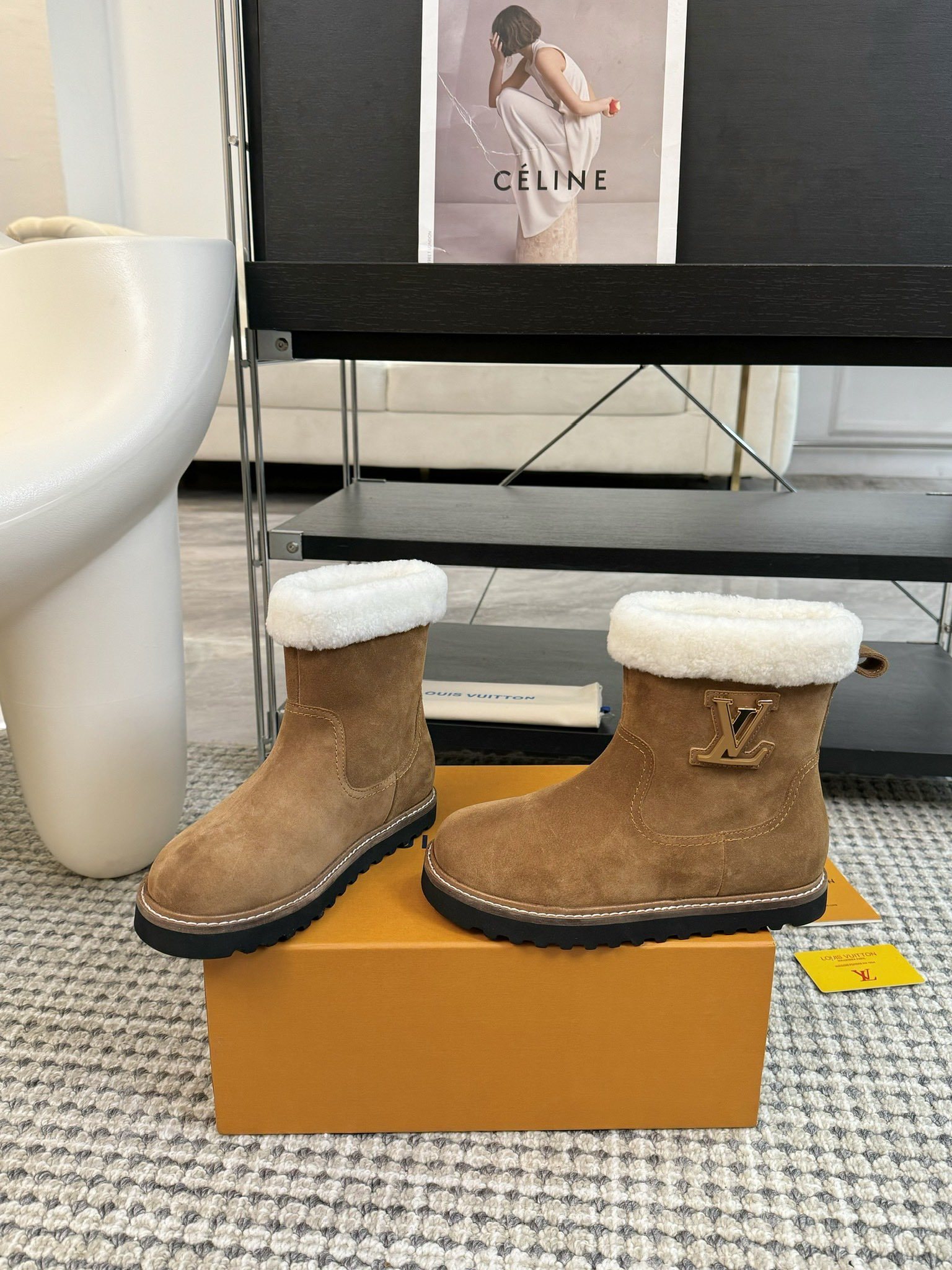 Louis Vuitton Tan Suede Shearling Winter Boots