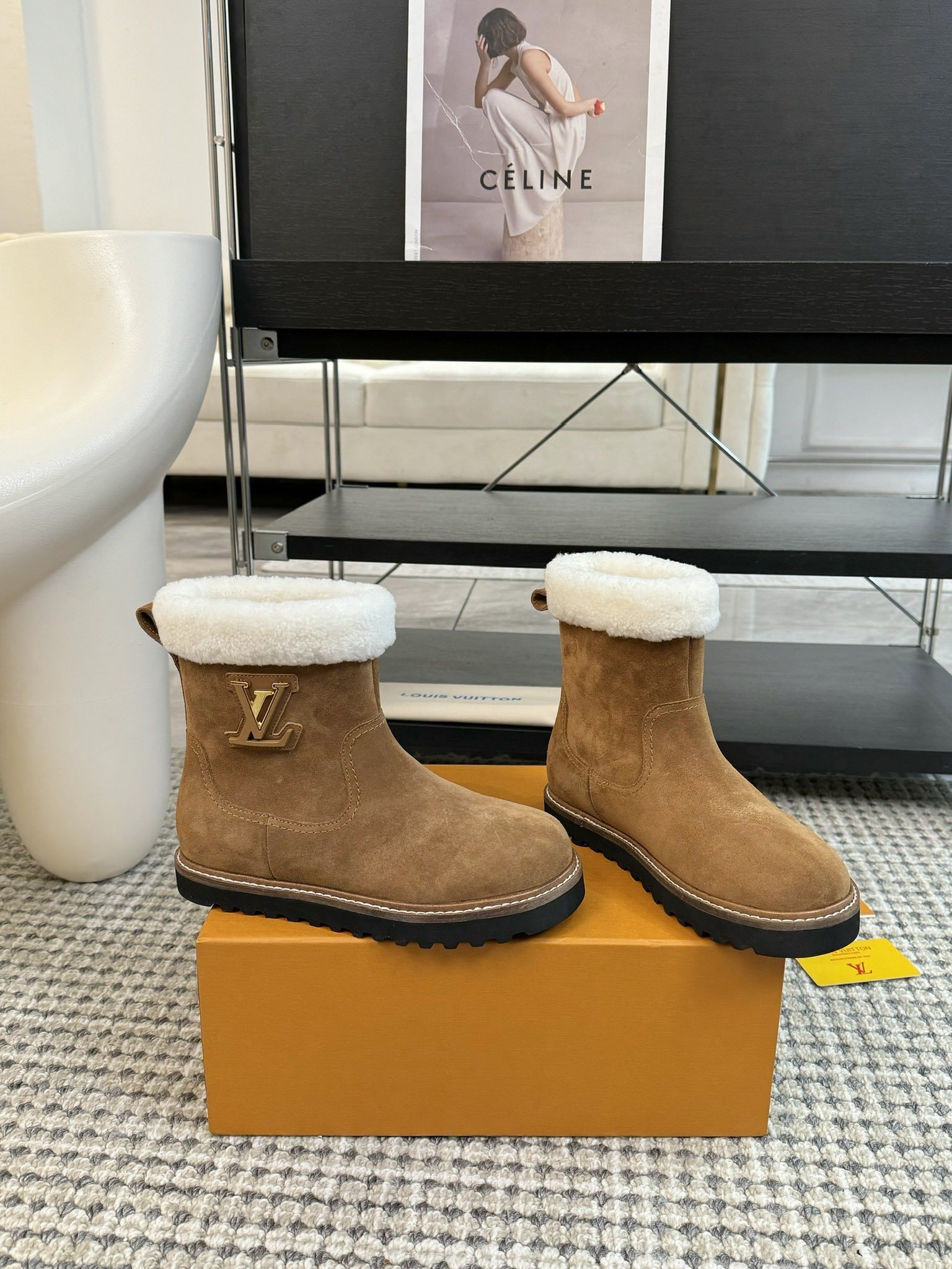 Louis Vuitton Tan Suede Shearling Winter Boots