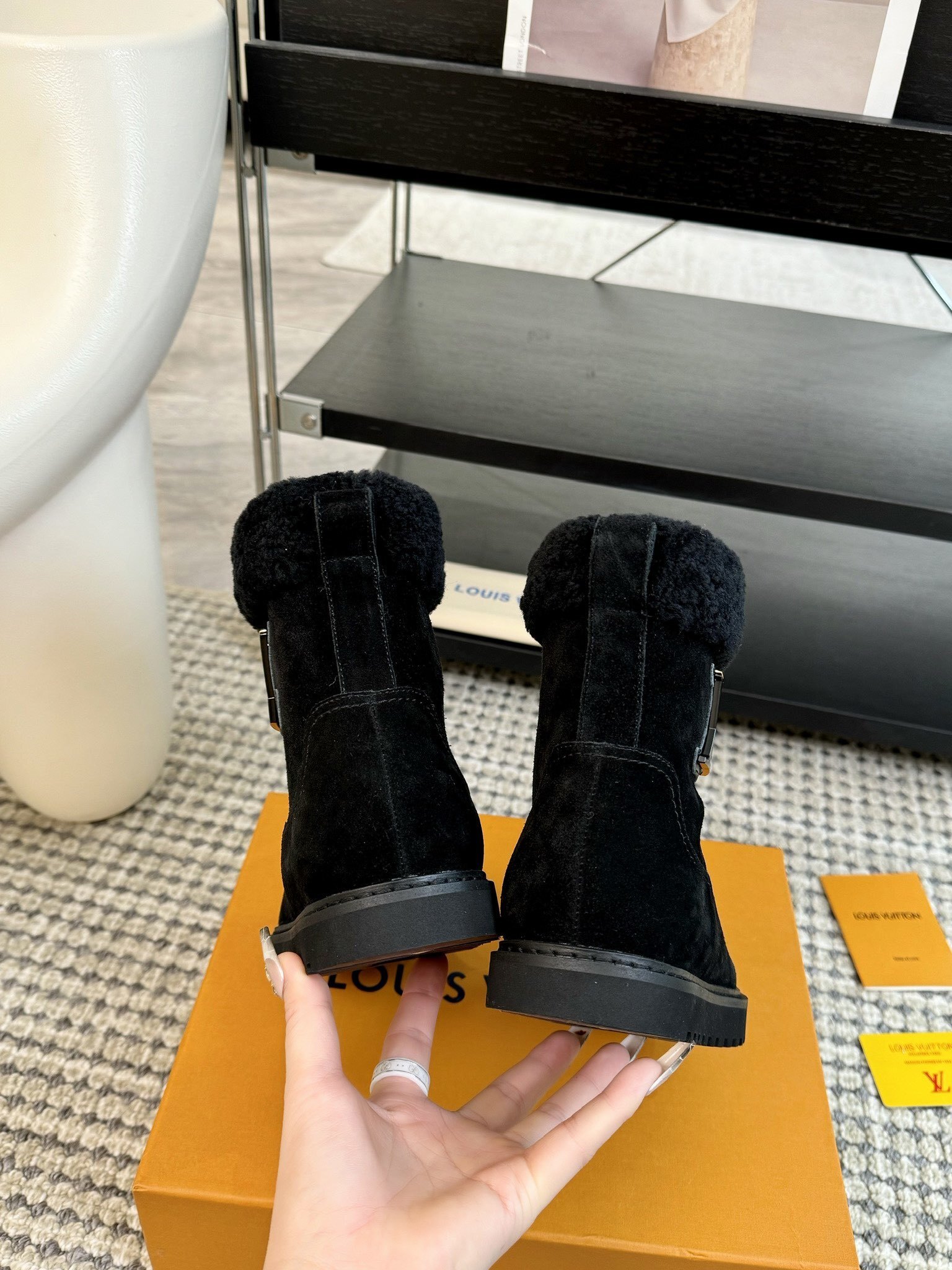 Louis Vuitton Women's Black Suede Shearling Ankle Boots