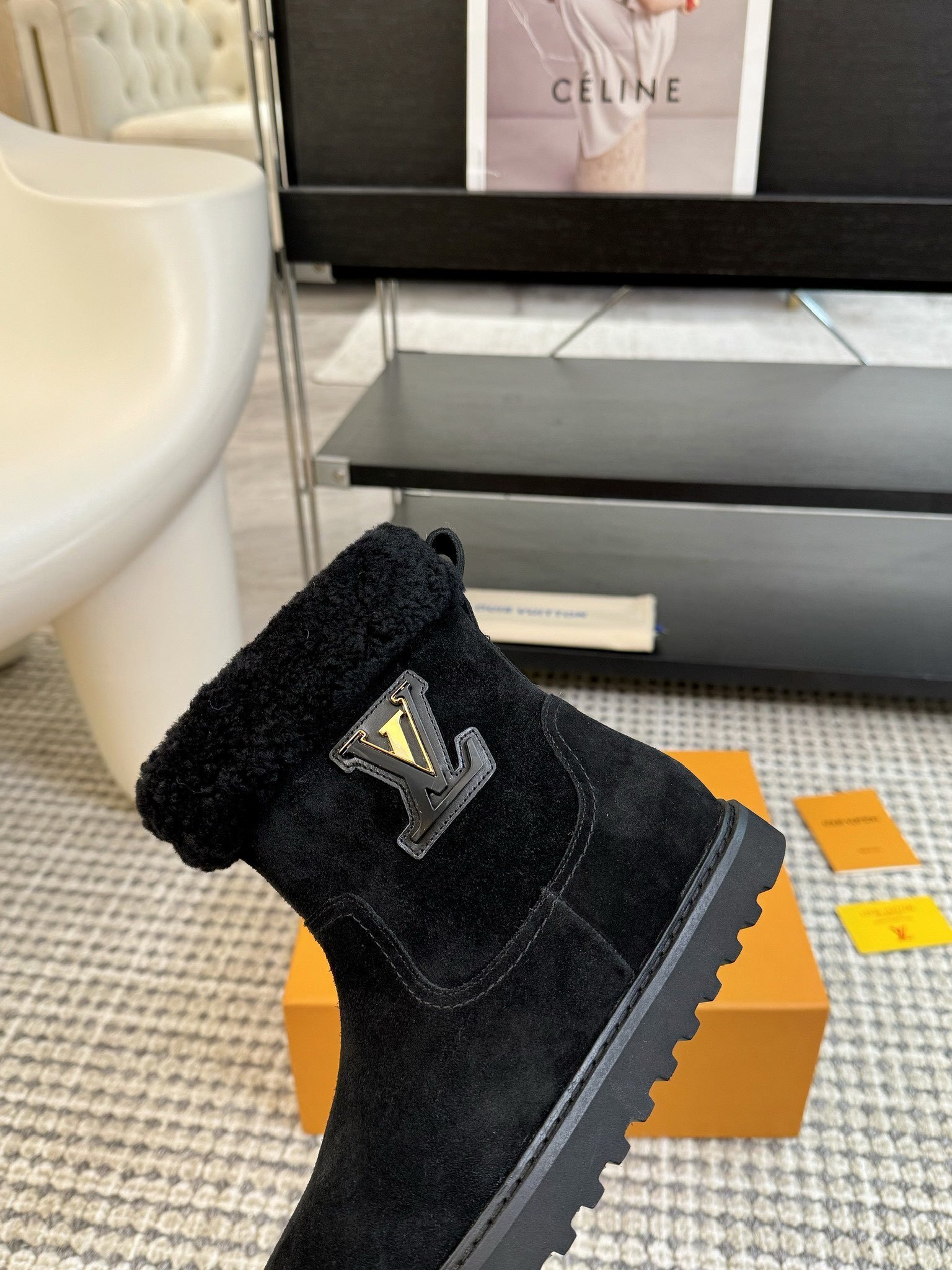 Louis Vuitton Women's Black Suede Shearling Ankle Boots
