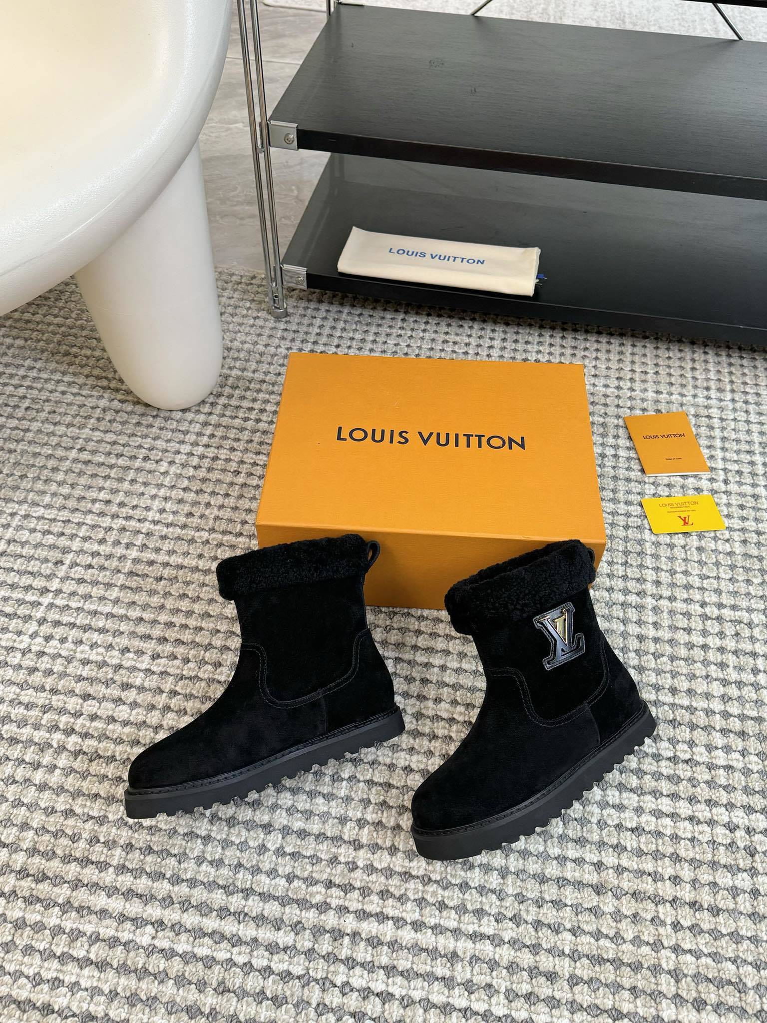Louis Vuitton Women's Black Suede Shearling Ankle Boots