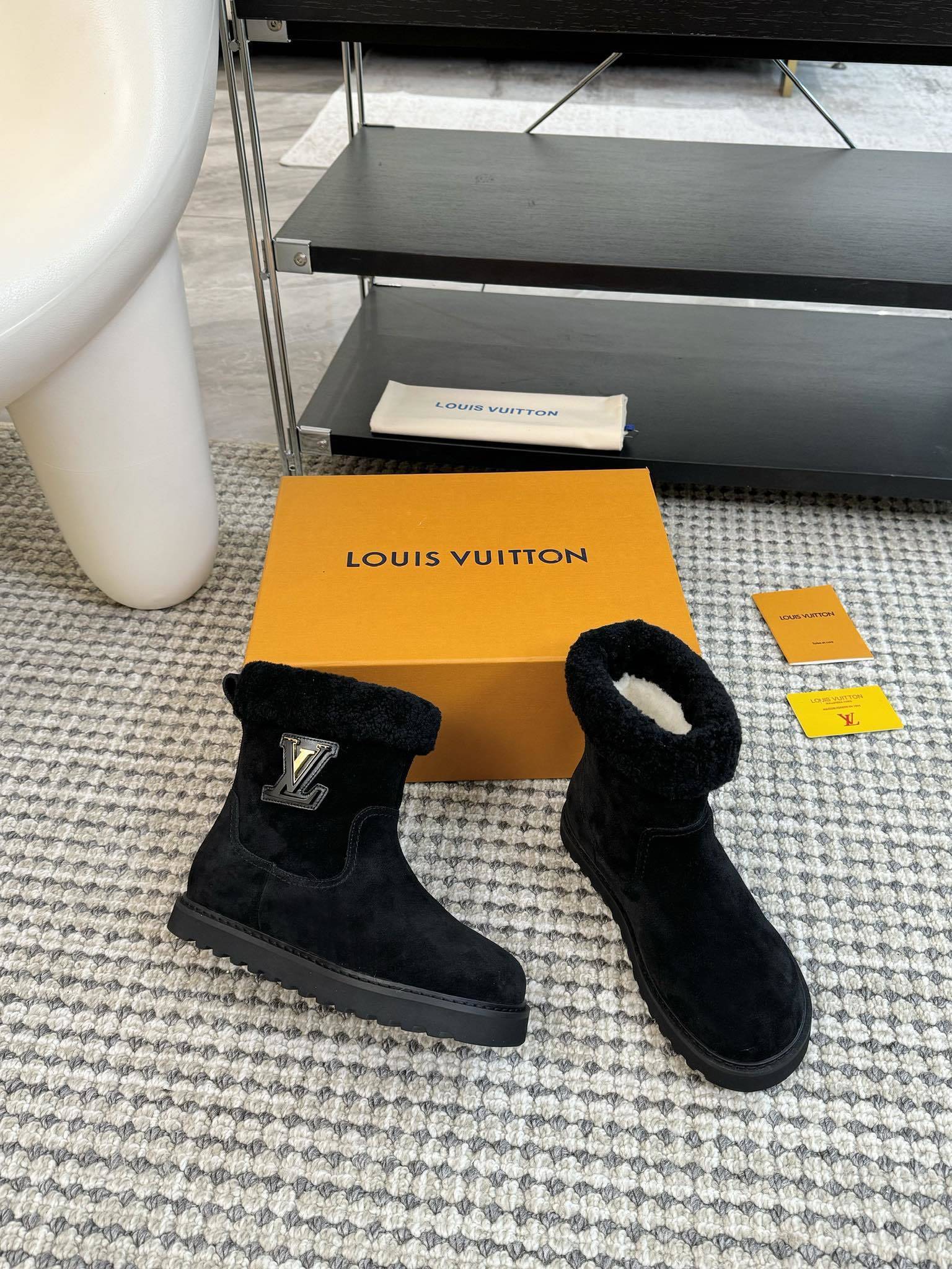 Louis Vuitton Women's Black Suede Shearling Ankle Boots