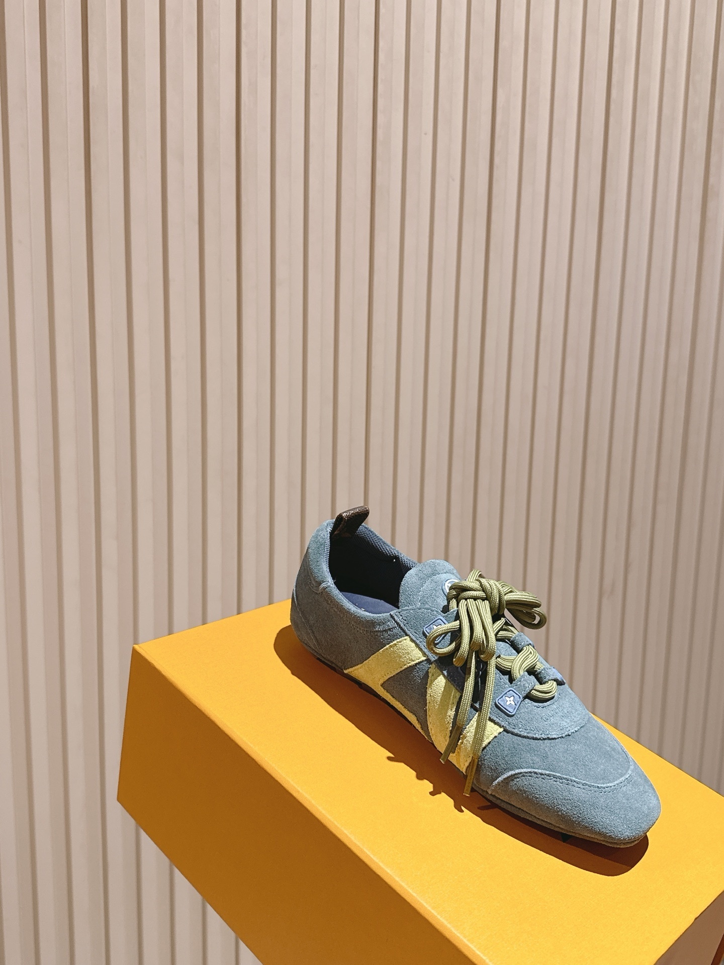 Luxury Blue Suede Low-Top Sneakers with Olive Green Accents