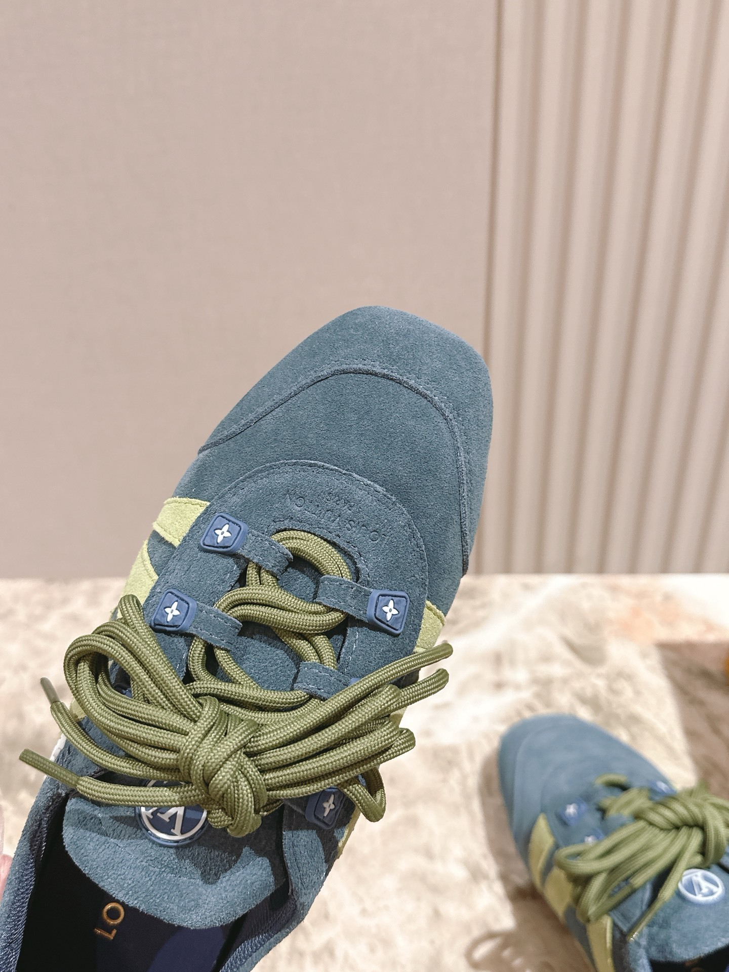 Luxury Blue Suede Low-Top Sneakers with Olive Green Accents