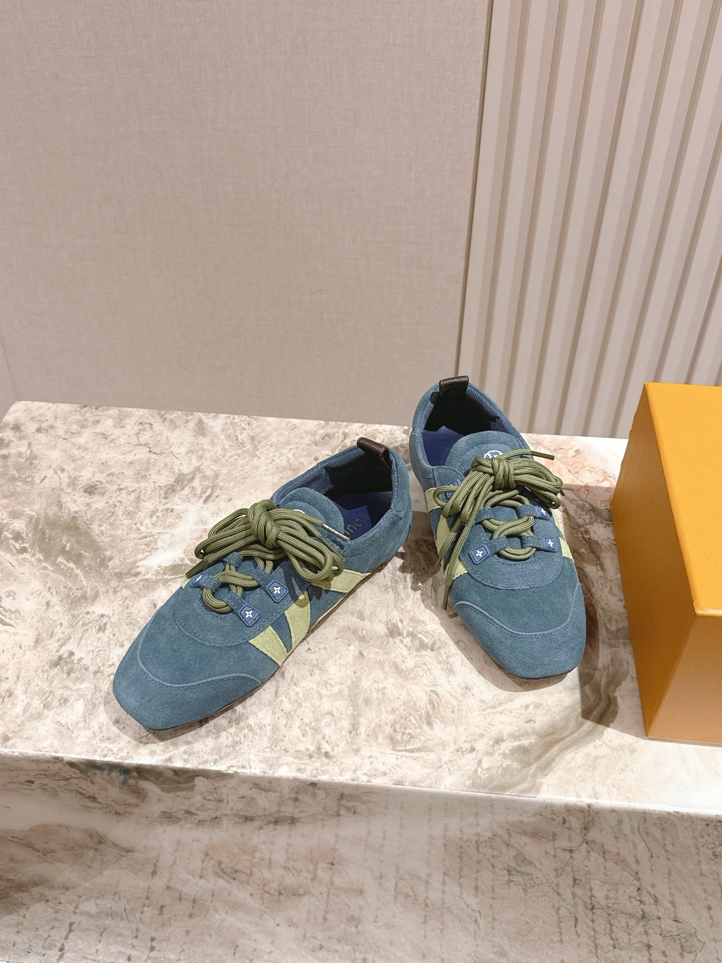Luxury Blue Suede Low-Top Sneakers with Olive Green Accents