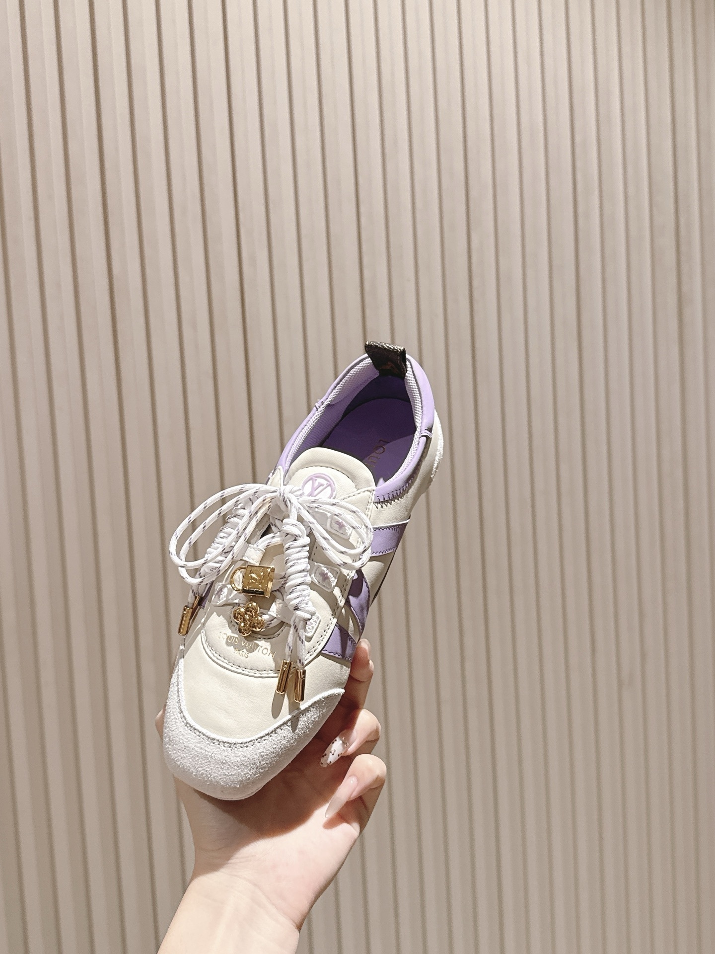 Louis Vuitton Women's White and Lavender Sneakers with Gold Charms