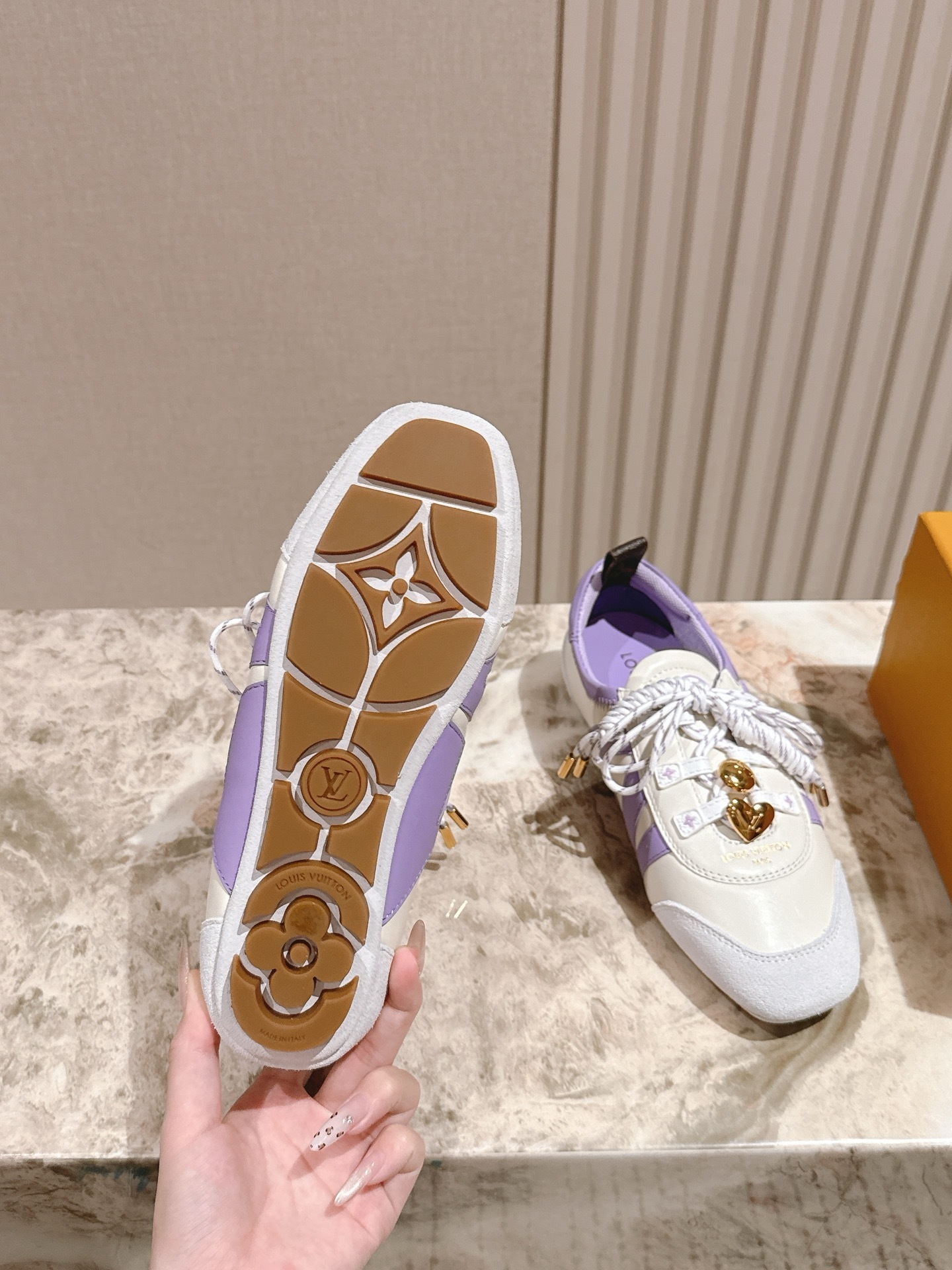 Louis Vuitton Women's White and Lavender Sneakers with Gold Charms