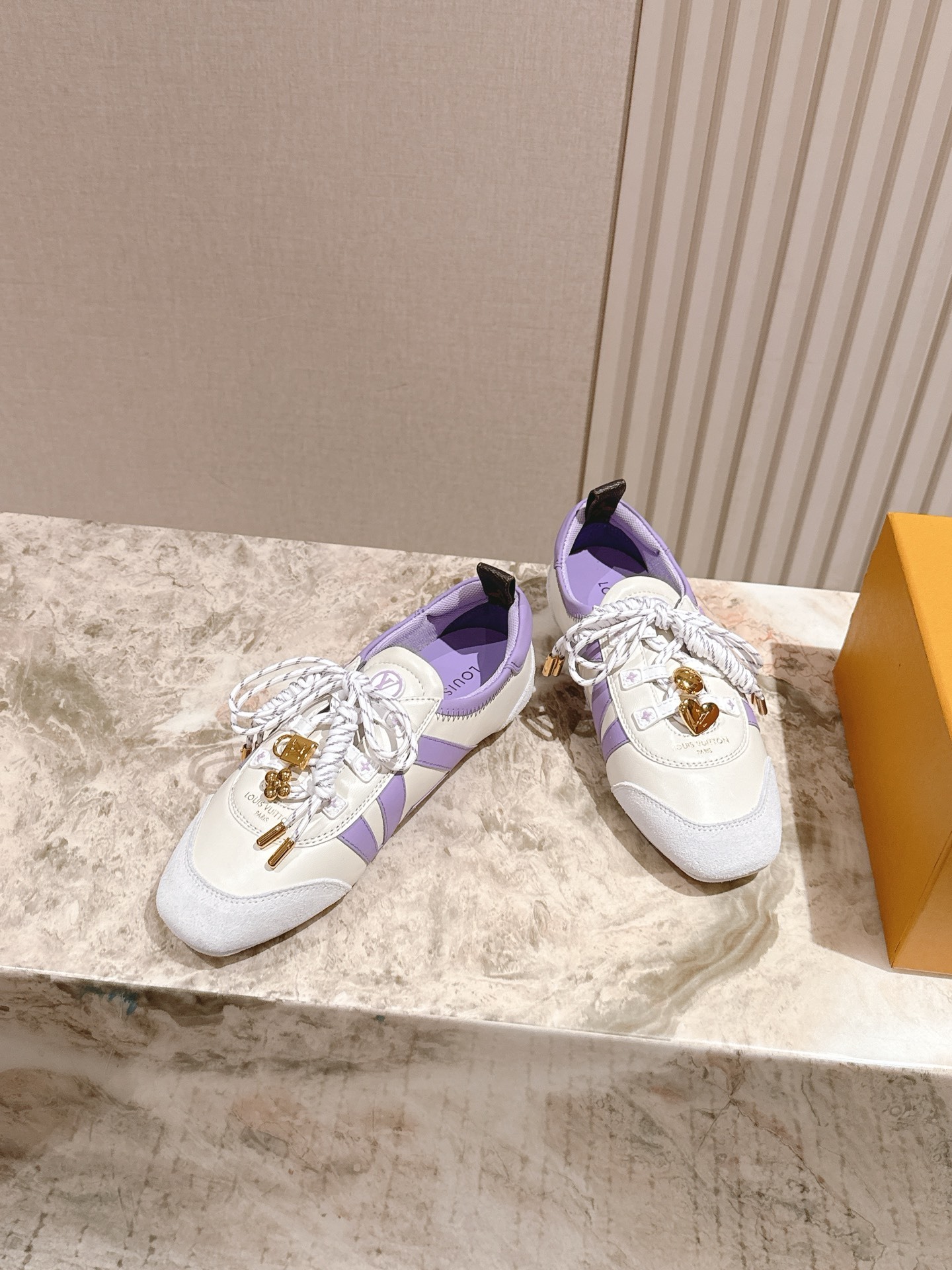 Louis Vuitton Women's White and Lavender Sneakers with Gold Charms