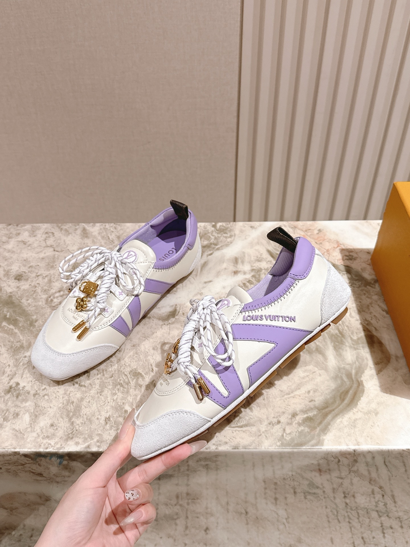Louis Vuitton Women's White and Lavender Sneakers with Gold Charms