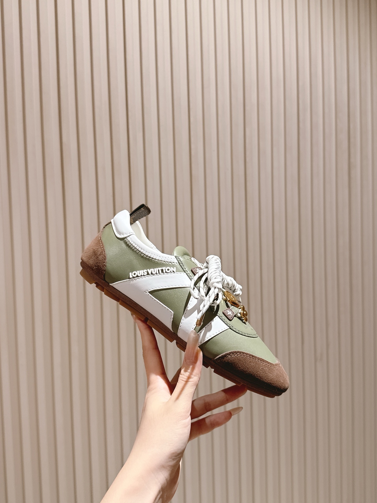 Louis Vuitton Olive Green Leather and Suede Sneakers with Charms