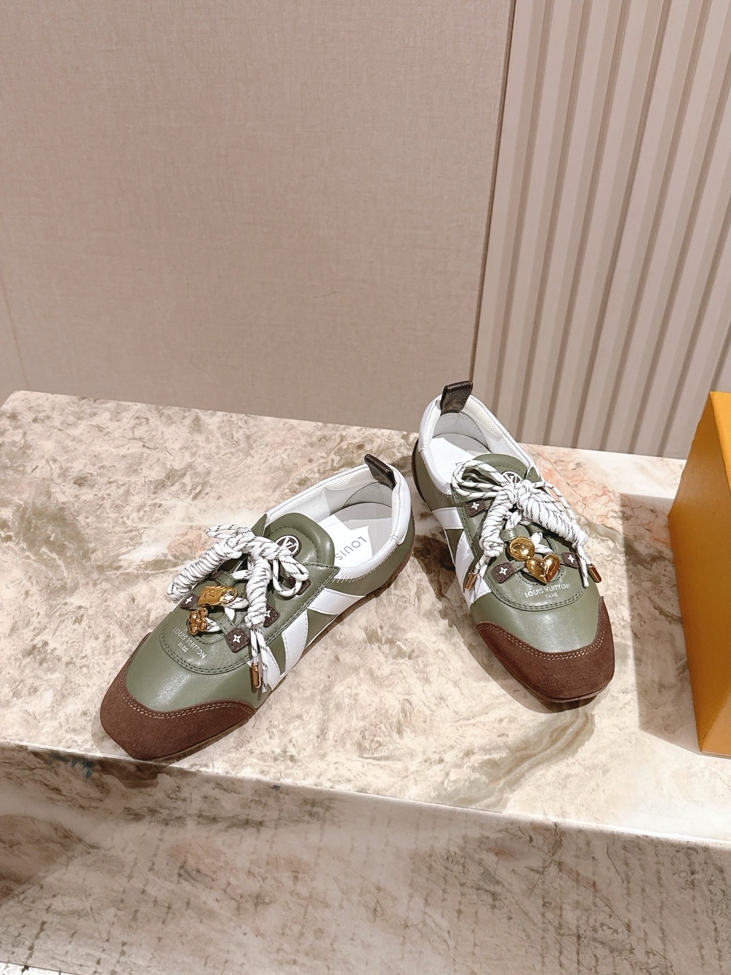 Louis Vuitton Olive Green Leather and Suede Sneakers with Charms