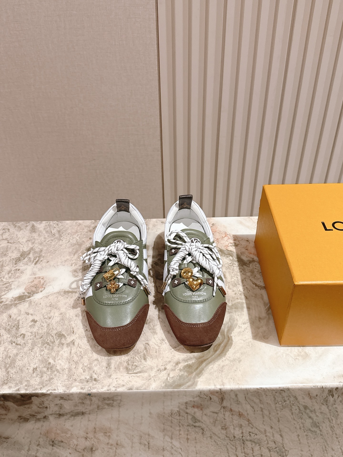 Louis Vuitton Olive Green Leather and Suede Sneakers with Charms