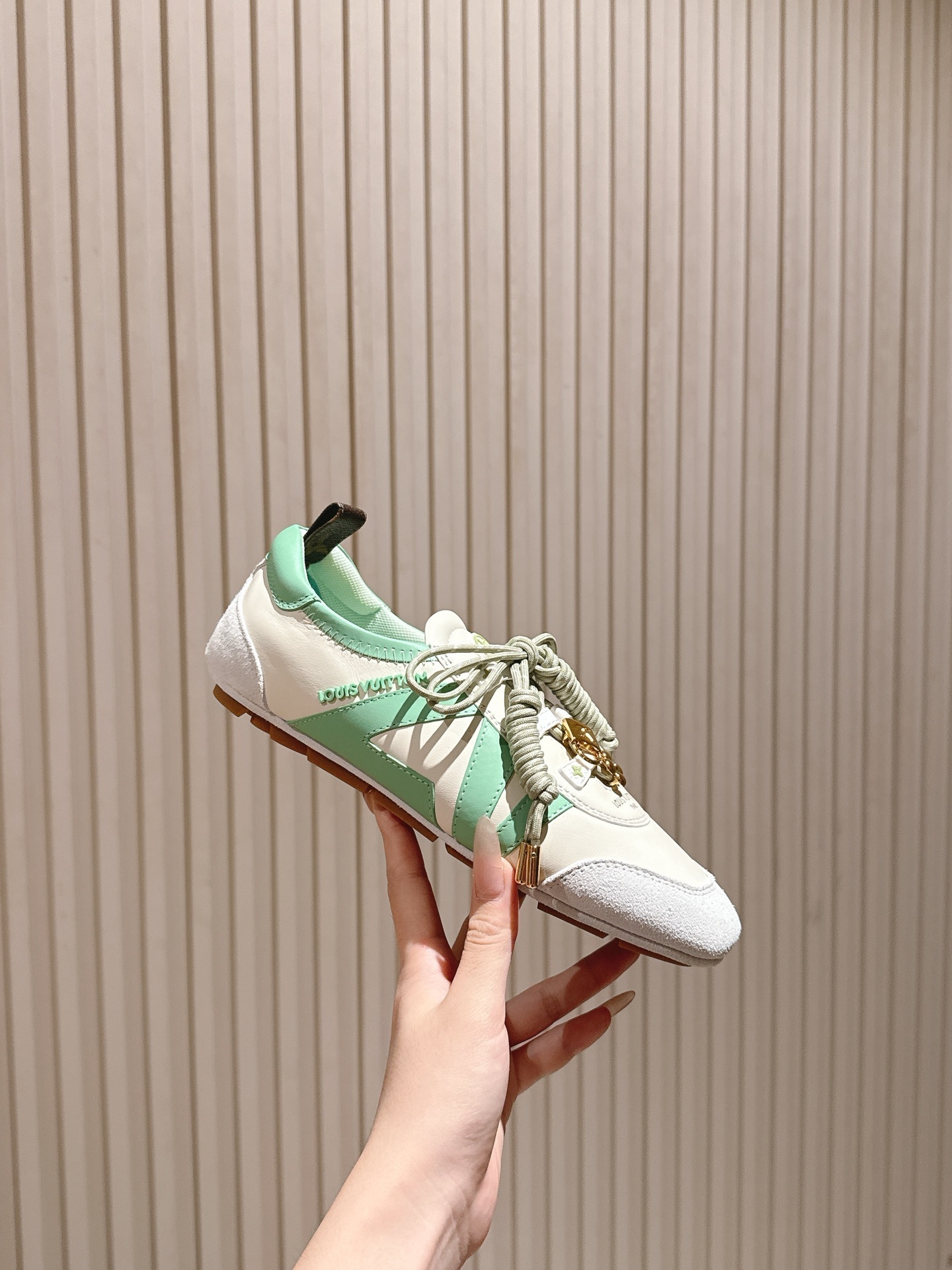 Louis Vuitton Mint Green & White Leather Sneakers with Gold Charms