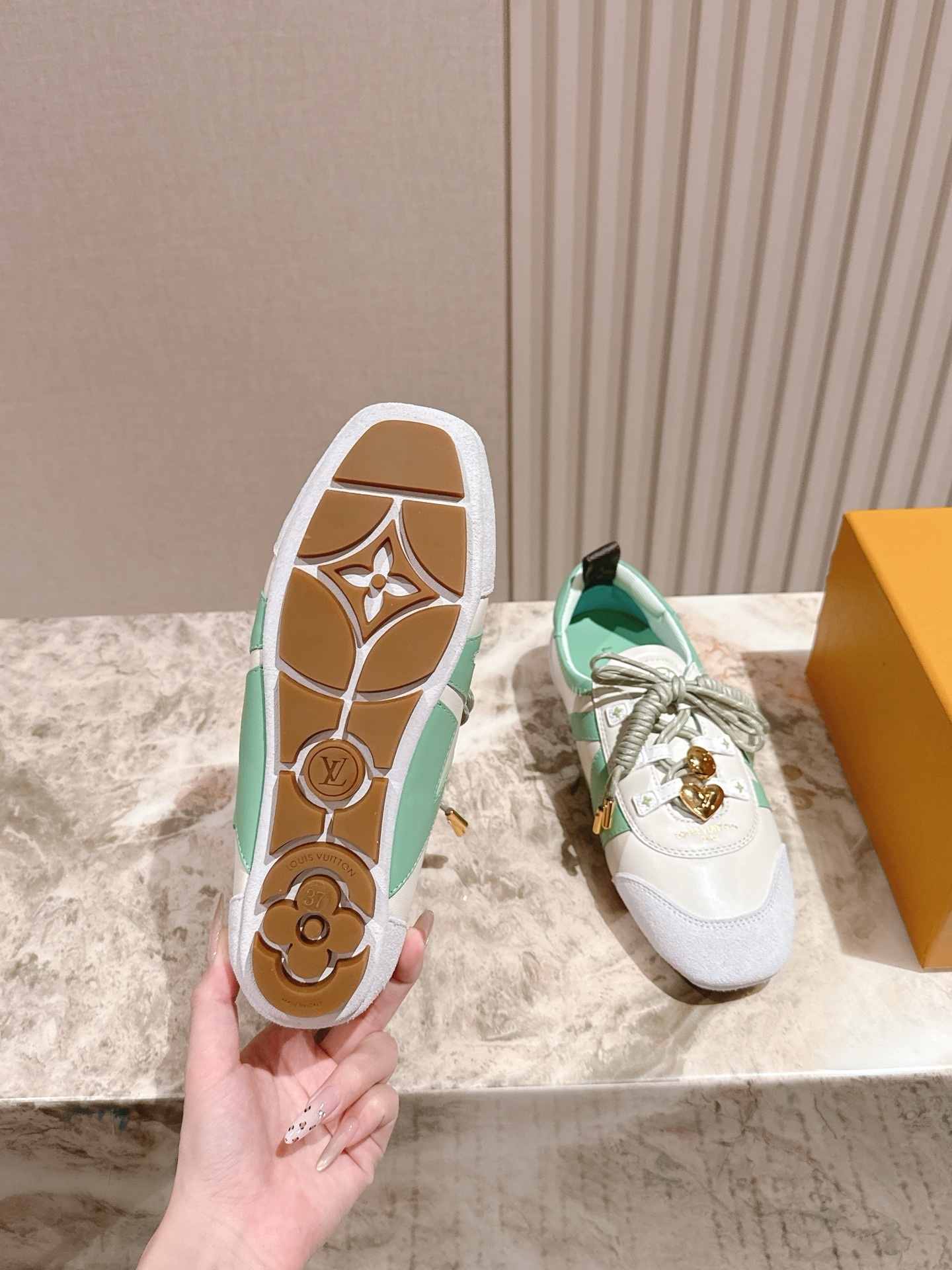 Louis Vuitton Mint Green & White Leather Sneakers with Gold Charms