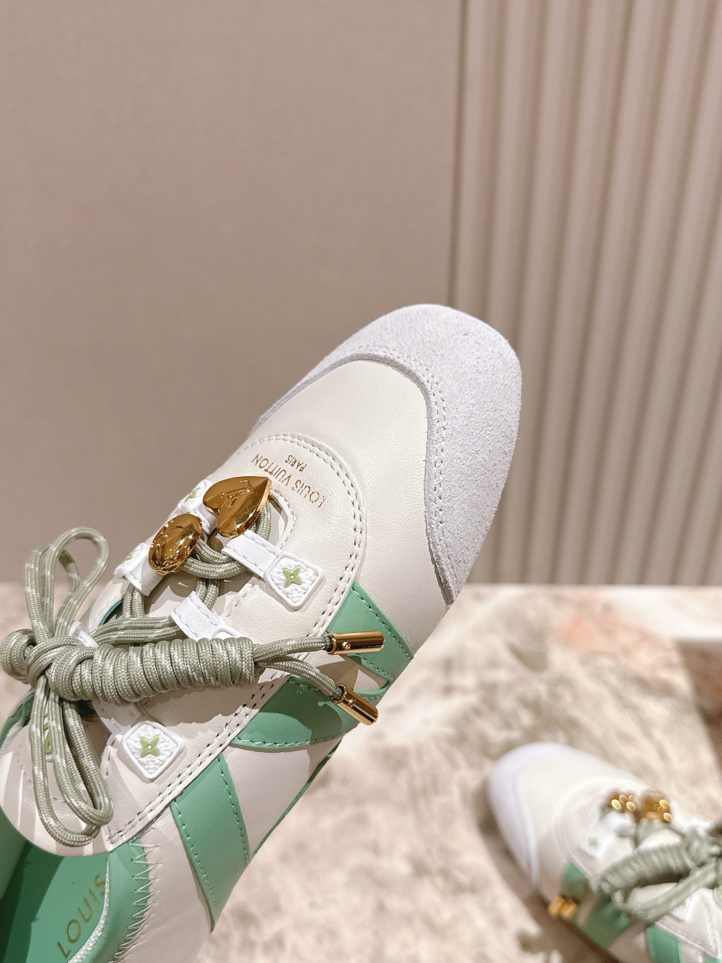 Louis Vuitton Mint Green & White Leather Sneakers with Gold Charms
