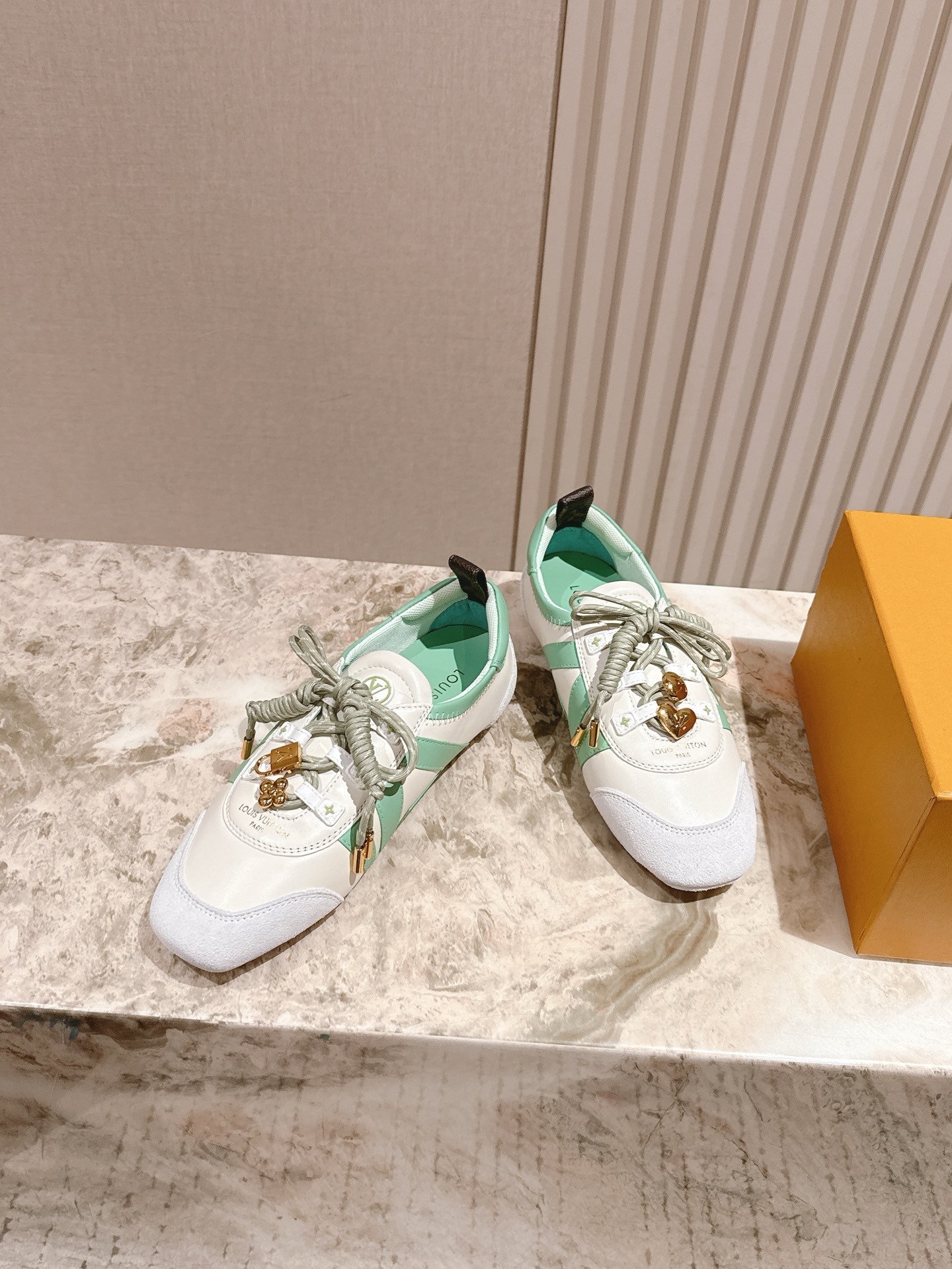 Louis Vuitton Mint Green & White Leather Sneakers with Gold Charms