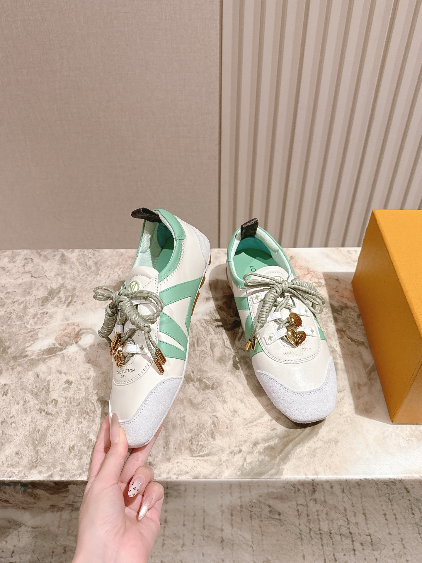 Louis Vuitton Mint Green & White Leather Sneakers with Gold Charms